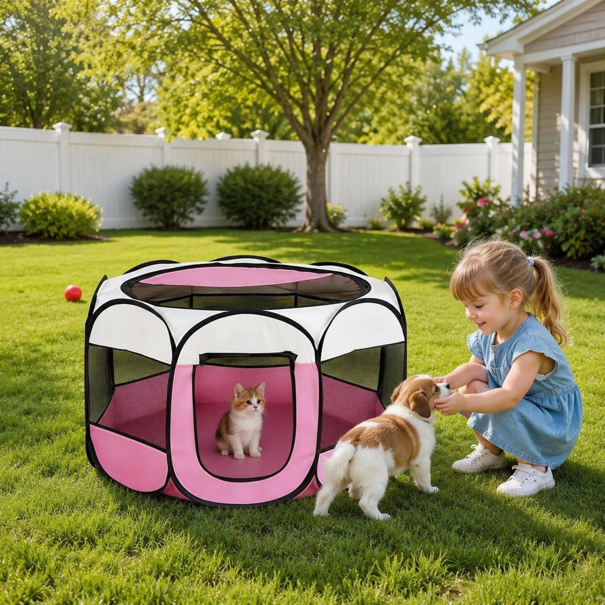 Recinto pieghevole per cuccioli, 74 x 74 x 43 cm, per la casa, box pieghevole per cani, gatti, conigli, interni ed esterni (rosa)