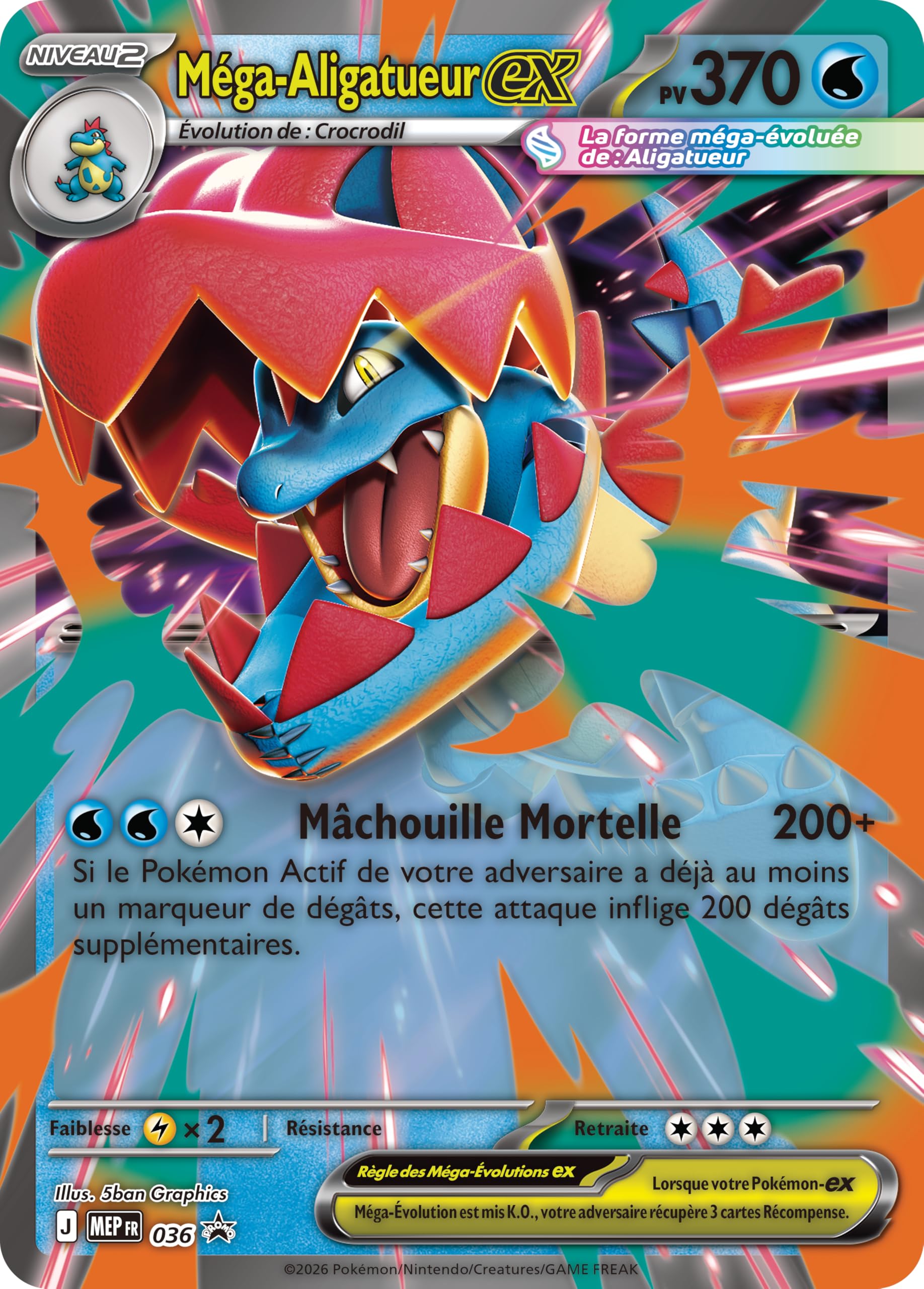Pokémon : Coffret Méga-Évolution – Héros Transcendants – Méga-Aligatueur-ex (1 Carte Promo Brillante, 1 Carte Grand Format lenticulaire et 4 boosters)