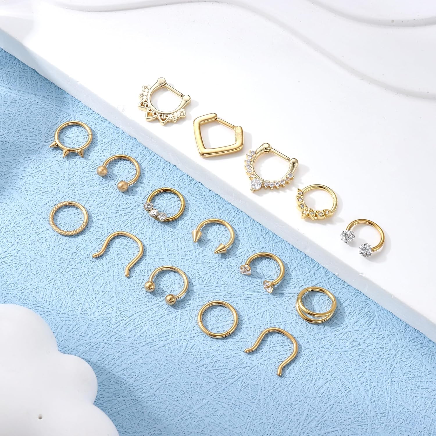 Besteel Hypoallergenic Septum Rings 16G 8mm Surgical Steel Clicker Nose Rings Hoops Set Small Lip Cartilage Helix Daith Piercing Jewelry for Women Men 16 Pcs Gold Plated Silver Black - Image 7