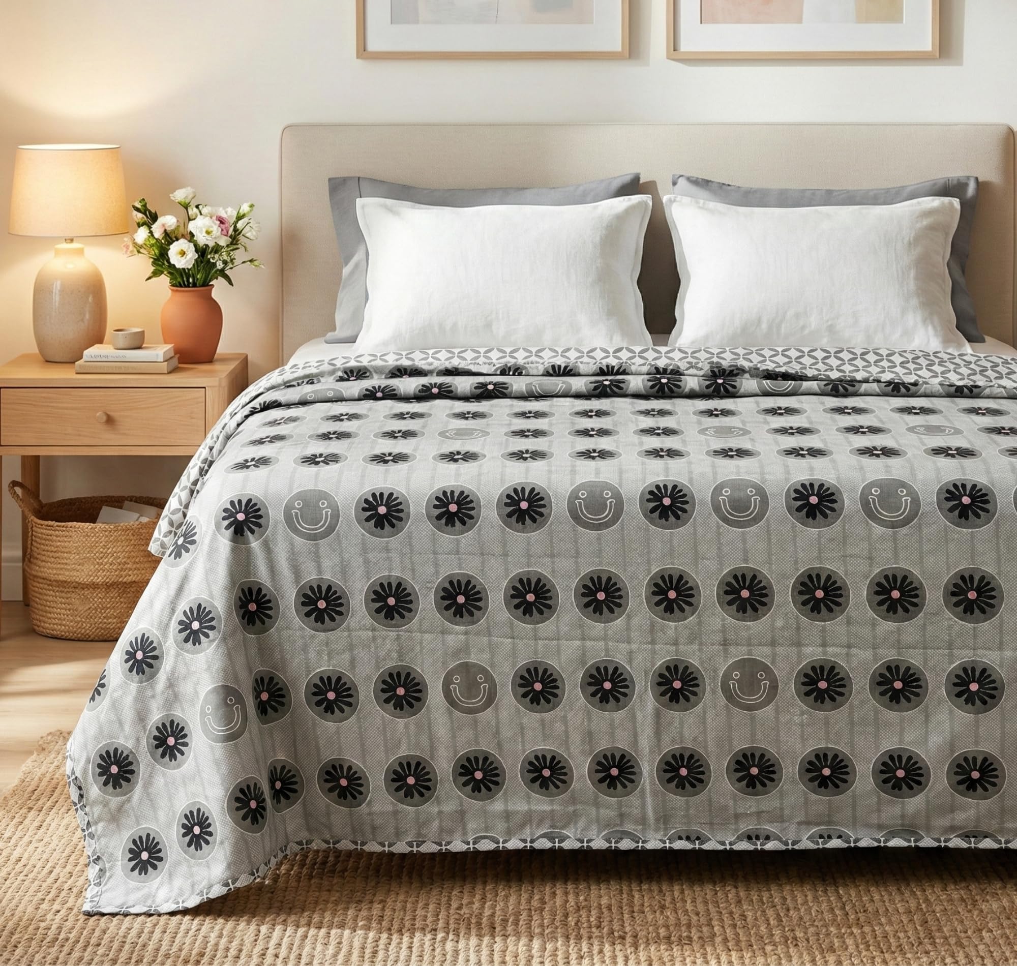 BSB HOME 100% Cotton Reversible Dohar Single Bed Size | AC Blanket Lightweight Summer Comforter | Soft Breathable Bed Blanket (152 x 225 cm) (Silver Blossom Grey)