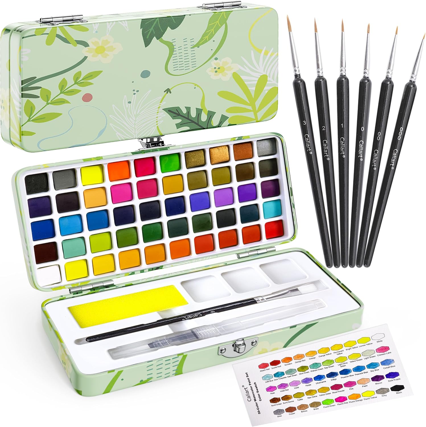 Caliart 50 Colors Watercolor Paint Set, Portable Art Supplies Palette Kit | Travel Water Color Paints with Detail Paintbrush, Art Coloring Painting Gifts for Adults Professionals Beginners Artists