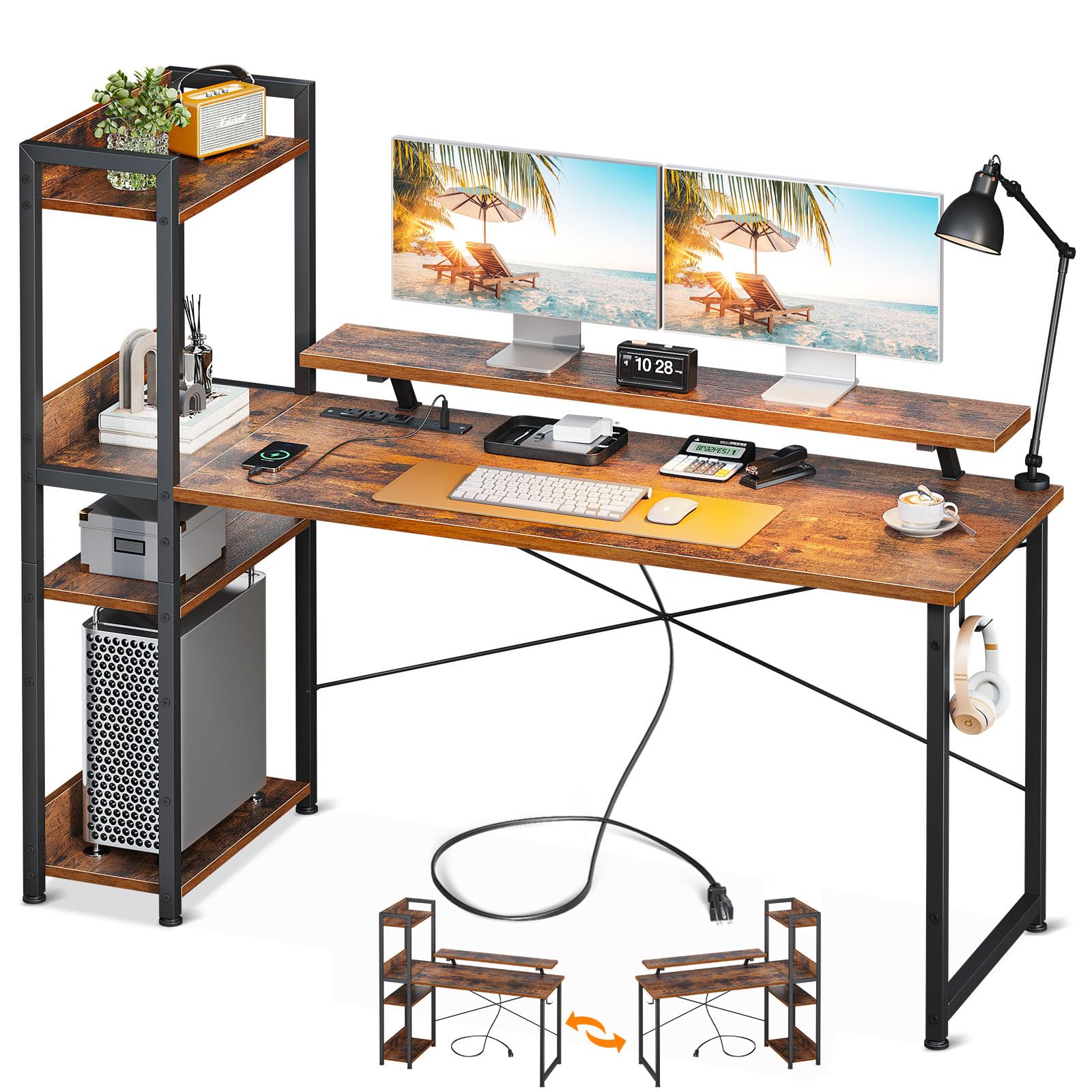 ODK Reversible 55 Inch Computer Desk with USB Charging Port & Power Outlet, Writing Desk with Storage Shelves and Monitor Stand, Study Table for Home Office, Small Space Bedroom, Rustic Brown