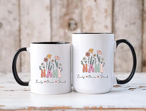Taza Nani con nombres de nietos, taza personalizada de Nani, taza de Nani personalizada, taza con nombre floral, regalo de nani, taza de flores