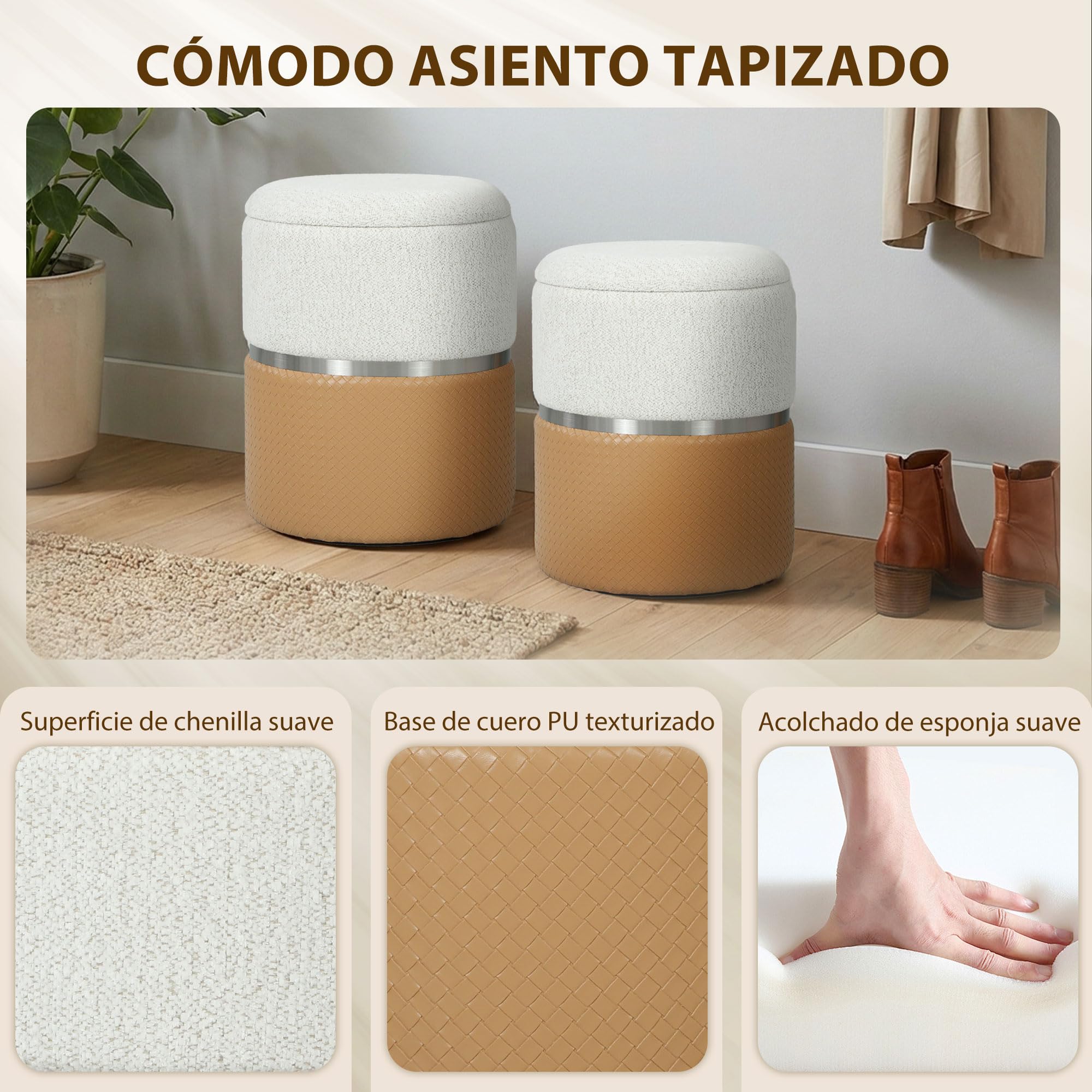 HOMCOM Lot de 2 poufs de Rangement rembourrés, Marron et crème