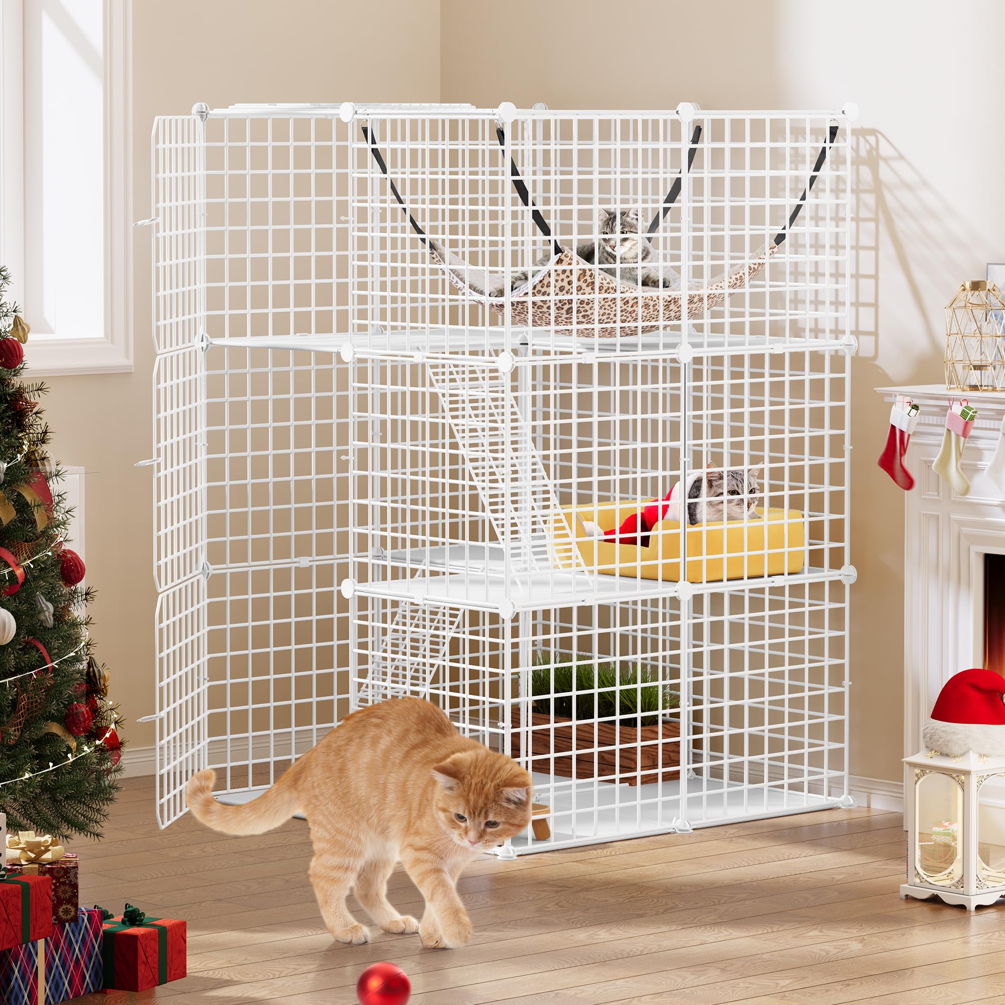 YITAHOME Cat Cage Outdoor/Indoor Cat Enclosure with 3 Doors, 2 Ladders, Metal 3 Tier Cat Pen with Hammock, Cage for 1-2 Cats, Chinchilla, White, 72 x 72 x 104 cm 1