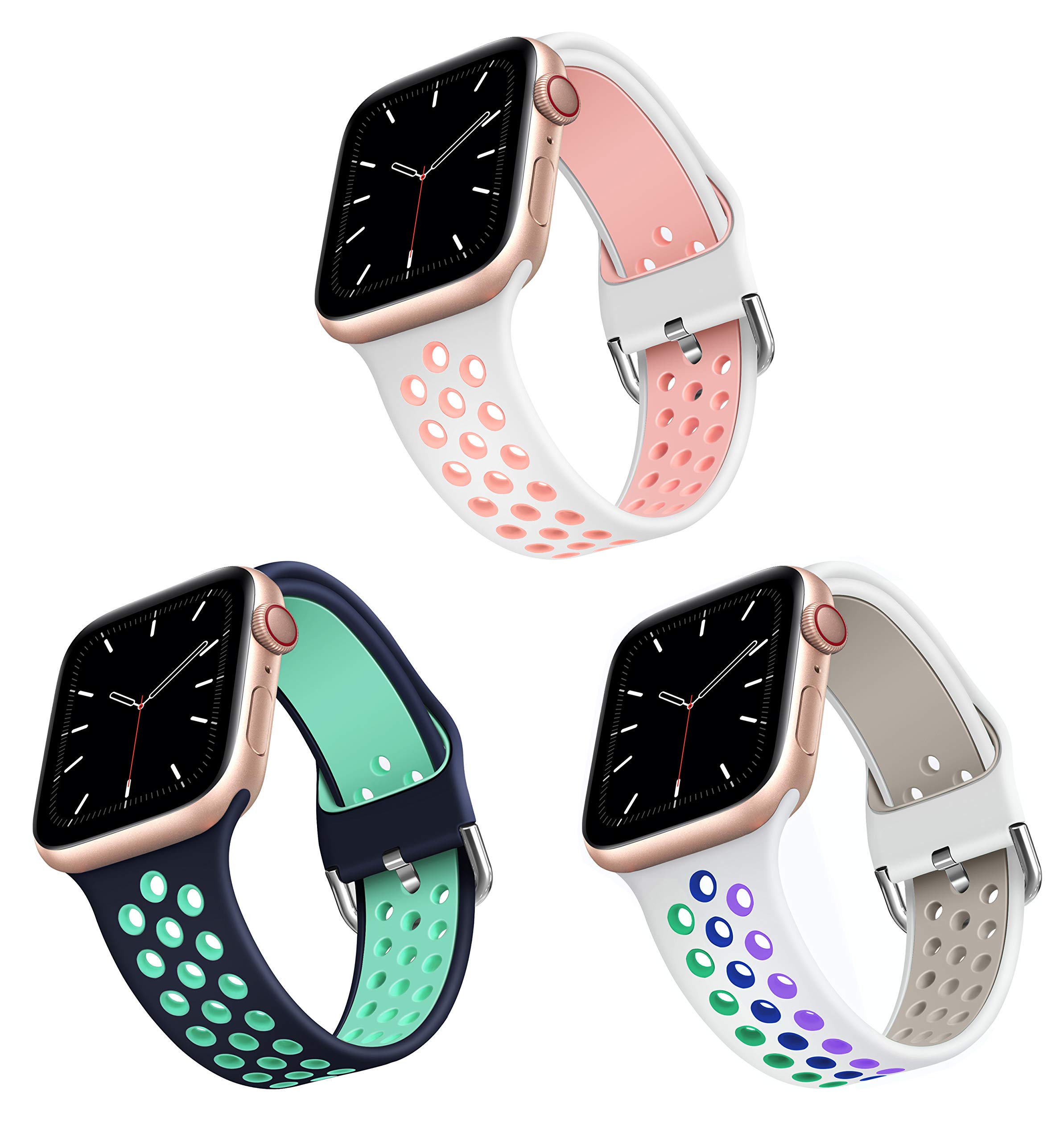 3 Pack Sport Bands Compatible with Apple Watch Band 40mm 42mm 44mm 38mm, Silicone Replacement Band for Apple iWatch Series 6 and Series 5/4/3/2/1,Women Men Breathable Band Replacement Wristband Strap