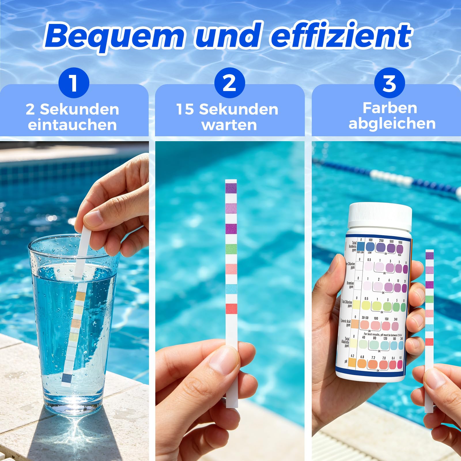 7 in 1 Pool Teststreifen, 150 × Teststreifen Pool Hochpräzise für Whirlpool & Spas,Schnelle Pool Wasser Analyse über Brom, Gesamtalkalinität, pH, freies Chlor, Gesamthärte, Cyanursäure und Gesamtchlor