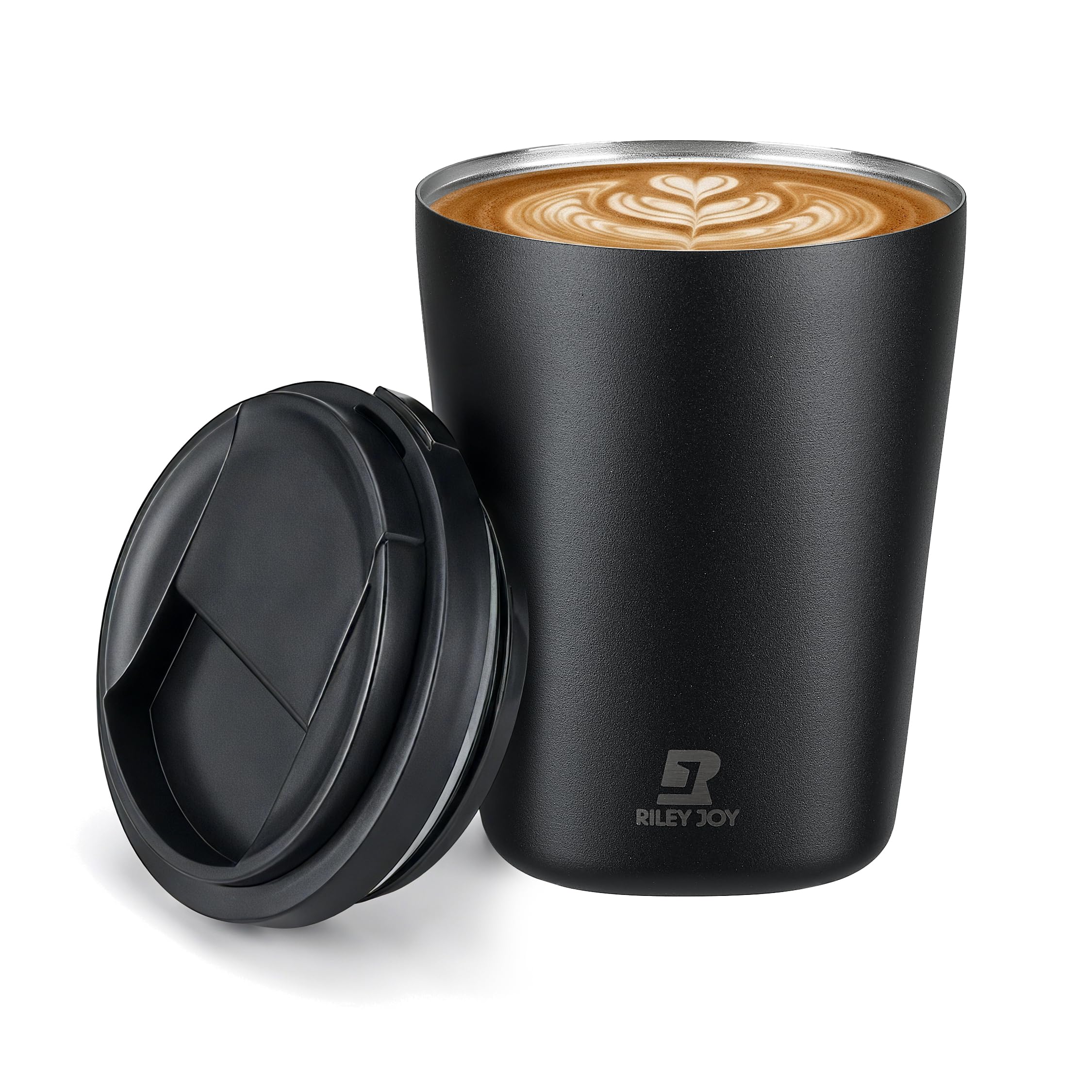 Riley Joy Insulated Travel Mug 350ml with One-Button Open Lid Stainless Steel Vacuum Leakproof Coffee Mug Double Wall Coffee Cup to go for Hot Coffee Tea and Cold Drinks (Black)
