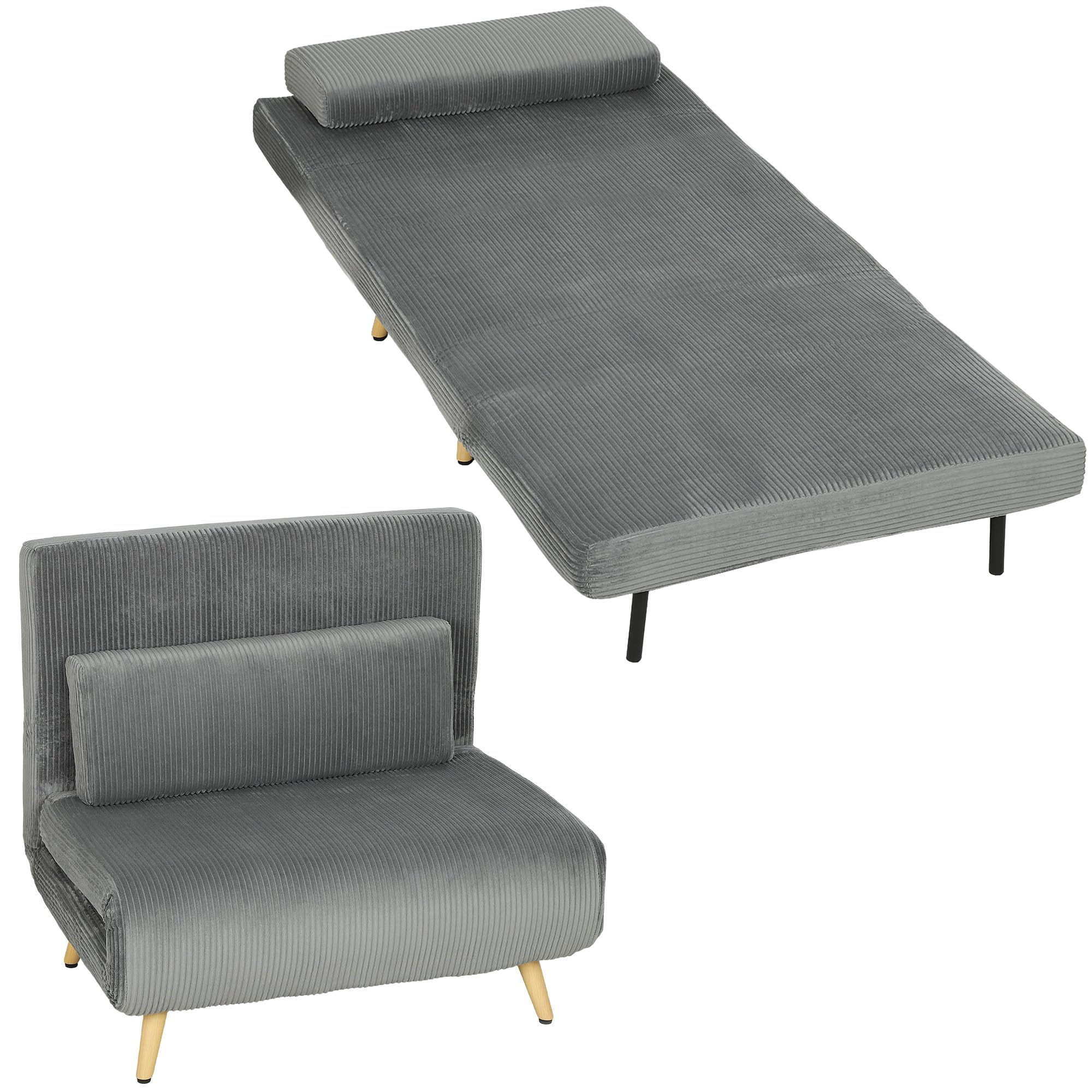 HOMCOM Fotel rozkładany 3 w 1, sztruksowy fotel z funkcją spania 90 x 190 cm, 6-stopniowe oparcie klik-klak, metalowe nogi, poduszka, ciemnoszary