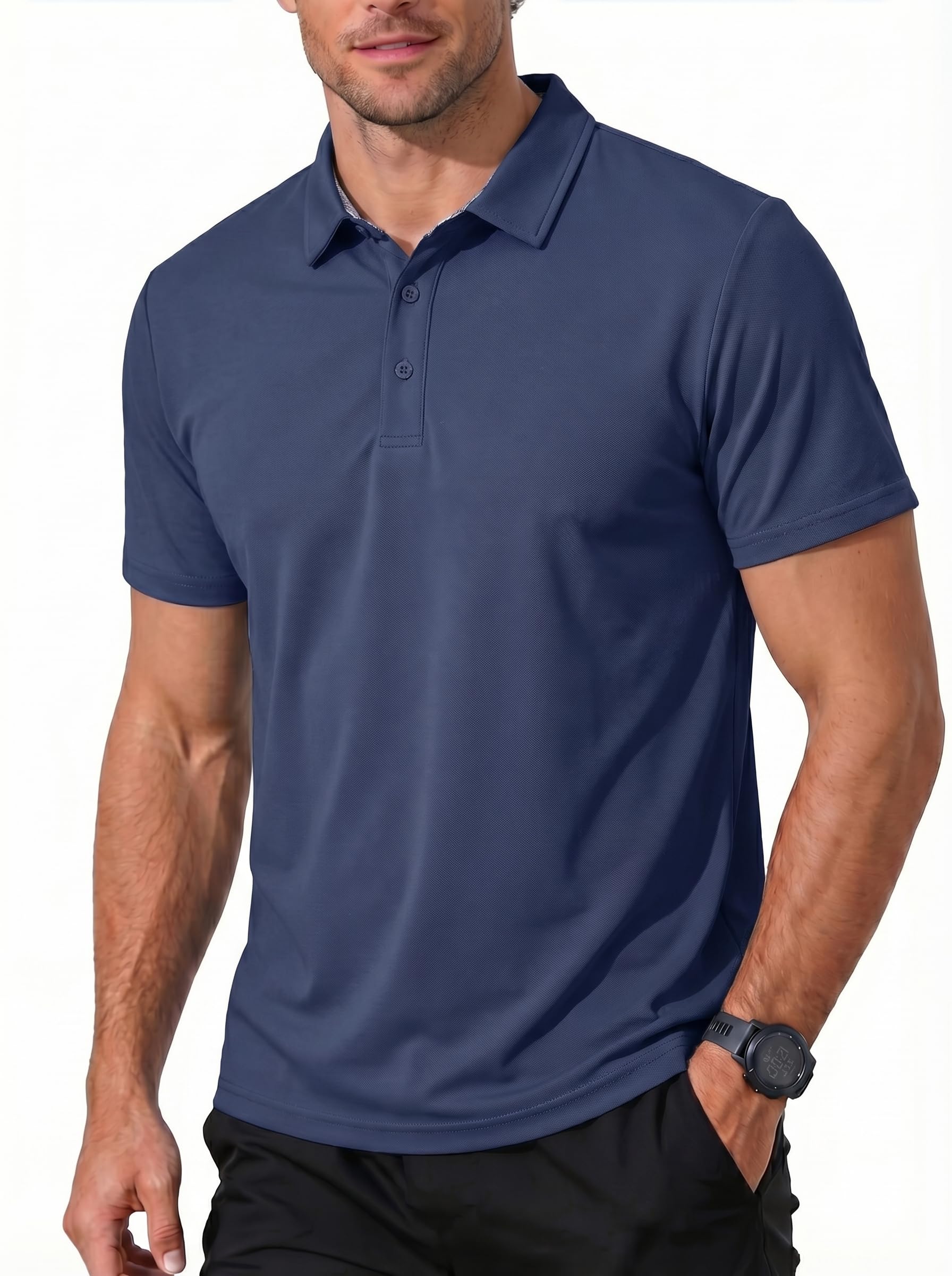 KEFITEVD Herren Poloshirt Kurzarm-T-Shirt mit gestreiftem Ausschnitt, unifarben, taschenlos Herren T-Shirt