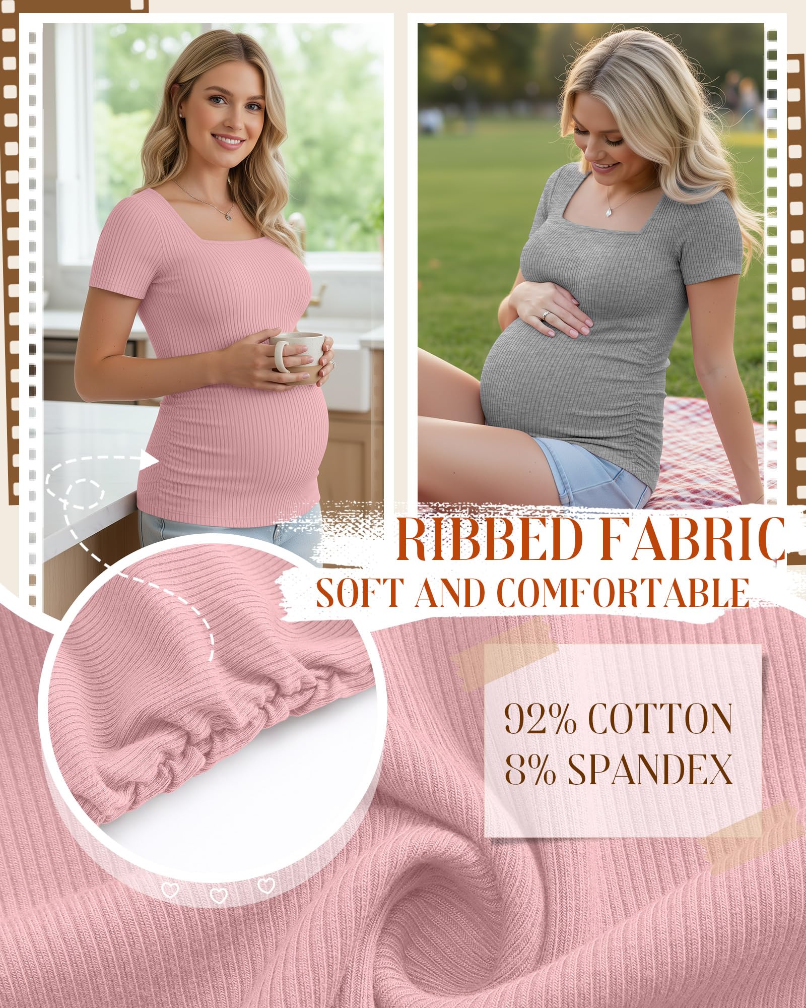 Geyoga Lot de 4 Chemises de Maternité pour Femmes | T-shirt De Maternité À Manches Courtes En Pur Coton Côtelé, Col Carré, IDéal Pour Le Travail Au Quotidien Des Mamans