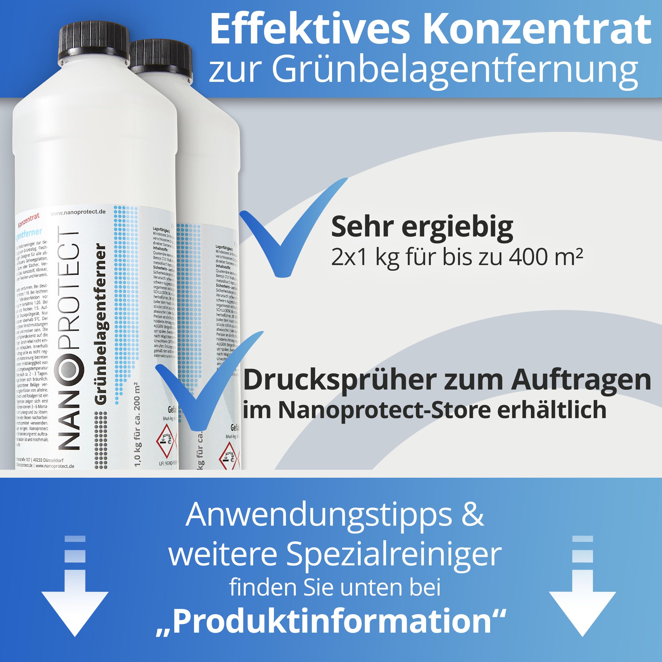 Nanoprotect Grünbelagentferner Konzentrat | 2 x 1 kg für 400 m² | Algenentferner und Flächendesinfektion | Kein Hochdruckreiniger nötig | Ideal für Pflastersteine und Gehwege