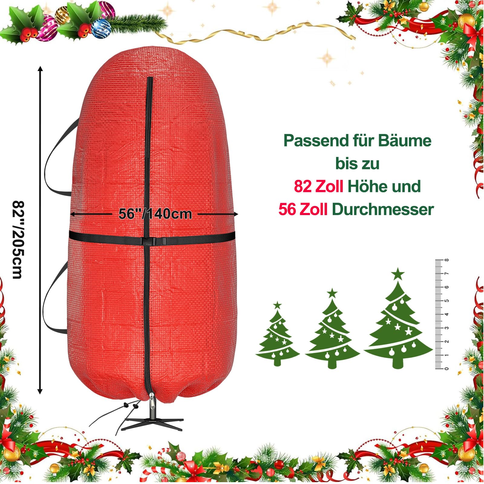 Aufrechte Christbaum-Tasche 230 cm für die platzsparende Aufbewahrung Ihres geschmückten künstlichen Baums. Aus reißfestem PE-Material, wasser- & staubdicht, mit verstellbaren Tragegurten(Rot)