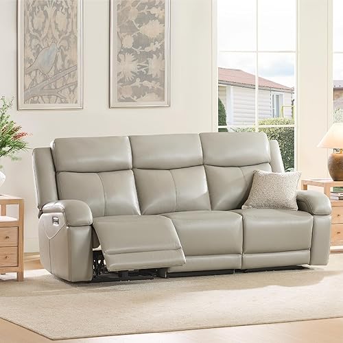 Watson & Whitely Genuine Leather Power Recliner Sofa, 3 Seater Wall Hugger Reclining Sofas with Power Headrest, USB & TypeC Ports, Electric Recliner Couch Set for Living Room, Grey