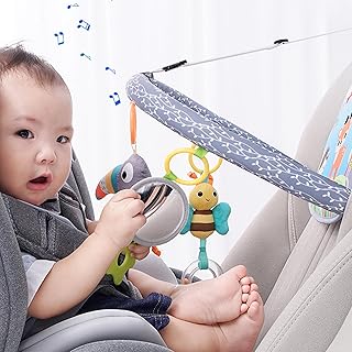 CXAFQ Toddler Car Seat Toy with Mirror and 3 Hanging Toys, Baby Rear Car Seat, Stroller Plush Toys, Baby Activity Toy for ...