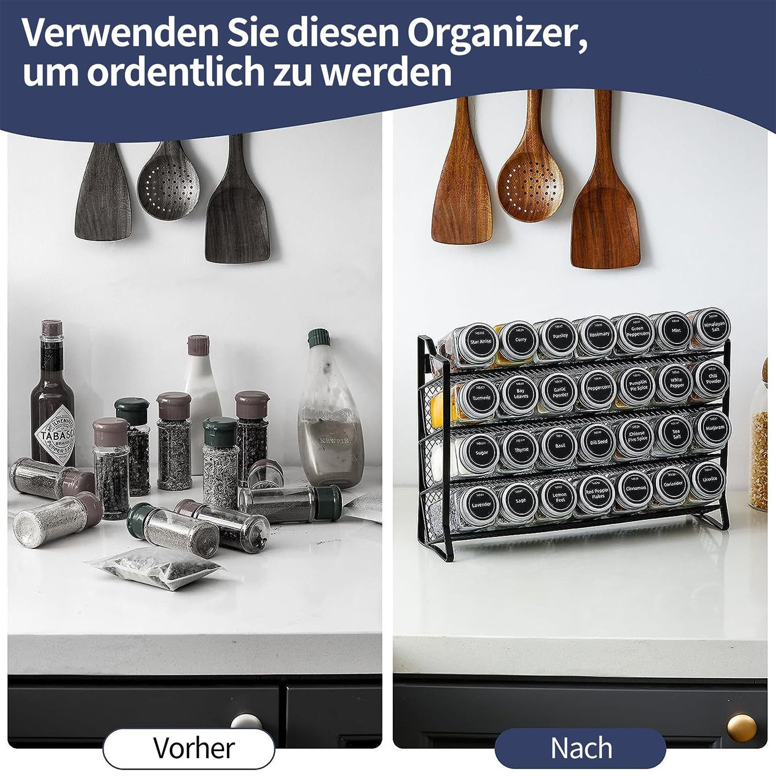 Generisch Gewürzregal Stehend & Wand Gewürz Organizer Küchen Organizer mit 28 Gewürzgläser und 180 Gewürzetiketten Spice Rack Organizer für Küche, Arbeitsfläche, Schrank, Speisekammer, JAR ROCK-4