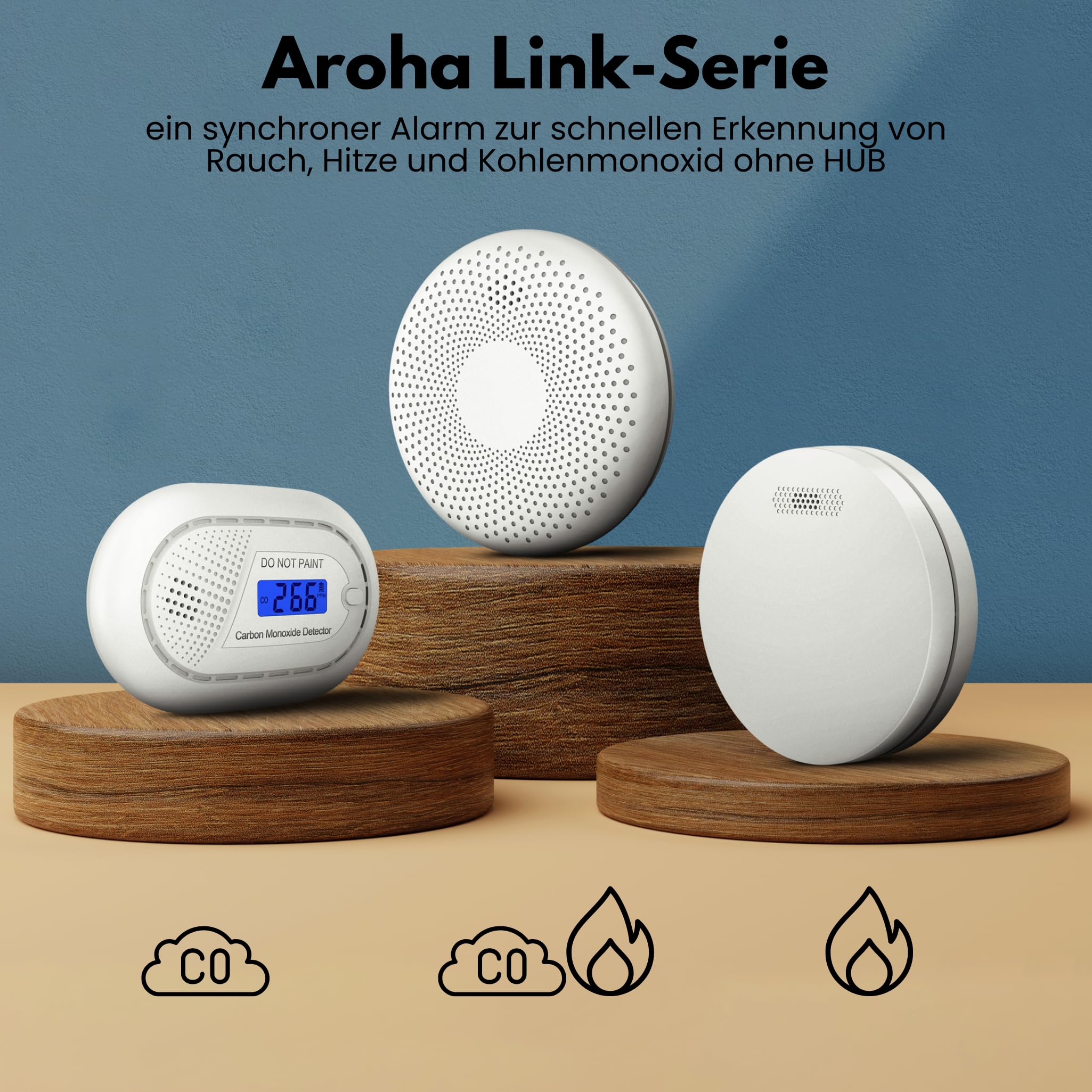 Aroha Link Hitzemelder/Rauchmelder Vernetzt - 10 Jahre Batterie - Feuer/Hitzemelder Vernetzbar - 5 Set