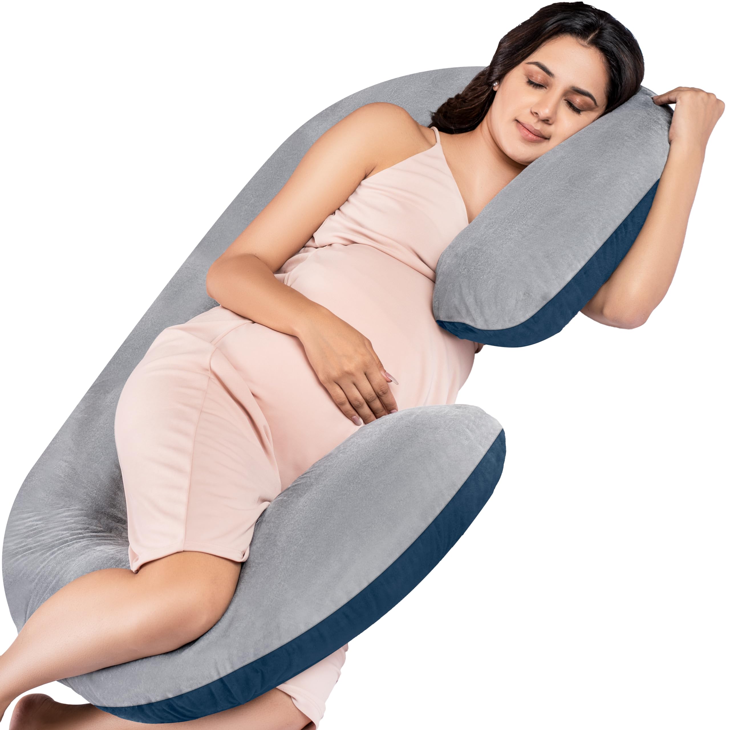 MY ARMOR C Shape Maternity Pillow | Polyester Whole Body Pregnancy Pillow for Women Sleep | Premium Velvet Cover with Zip, Grey + Navy Blue