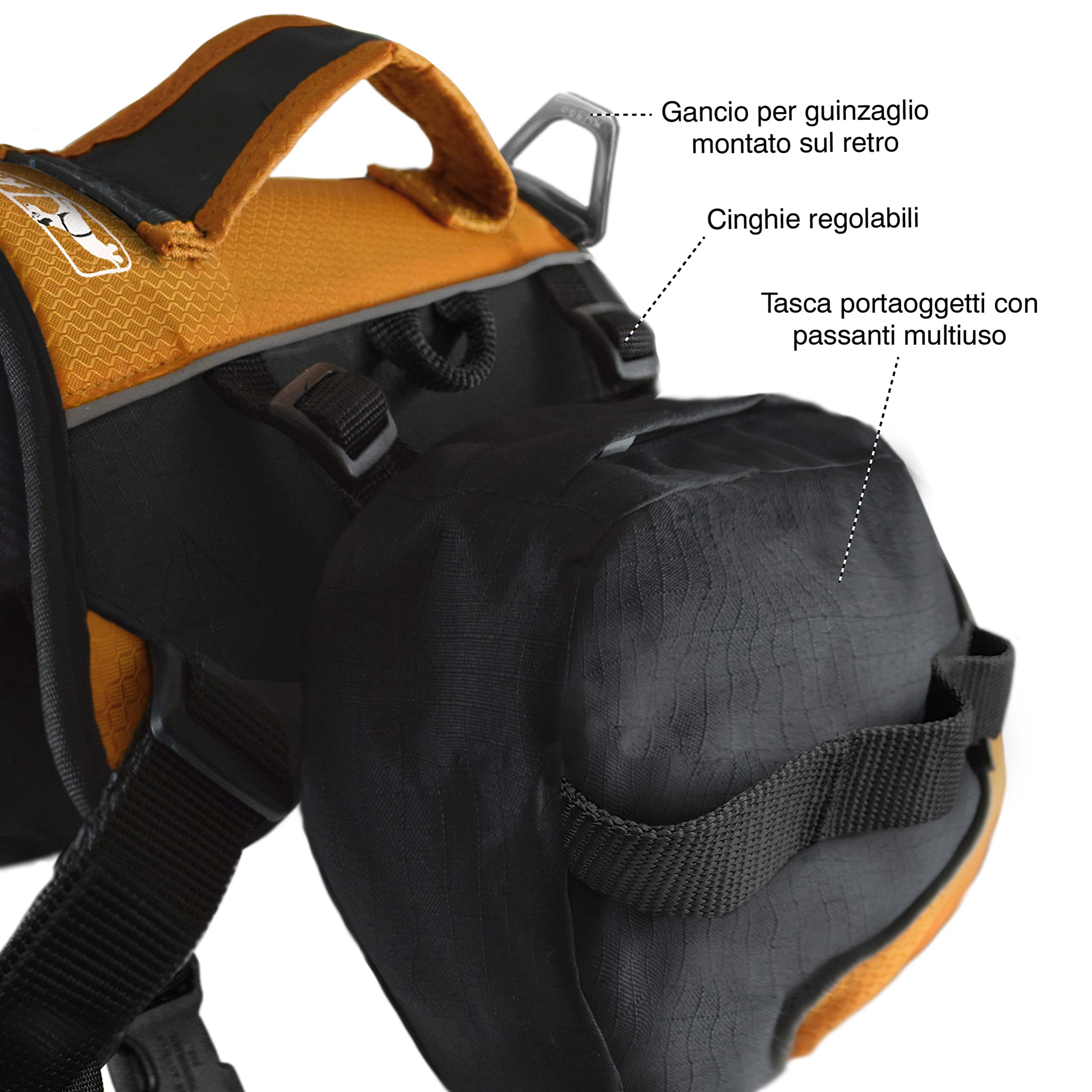 Kurgo Baxter - Zaino per Cani da Escursione con Supporto Ergonomico per la Schiena, Carico Bilanciato e Borse Laterali Resistenti - Per Cani 14–39 kg - Nero e Arancione