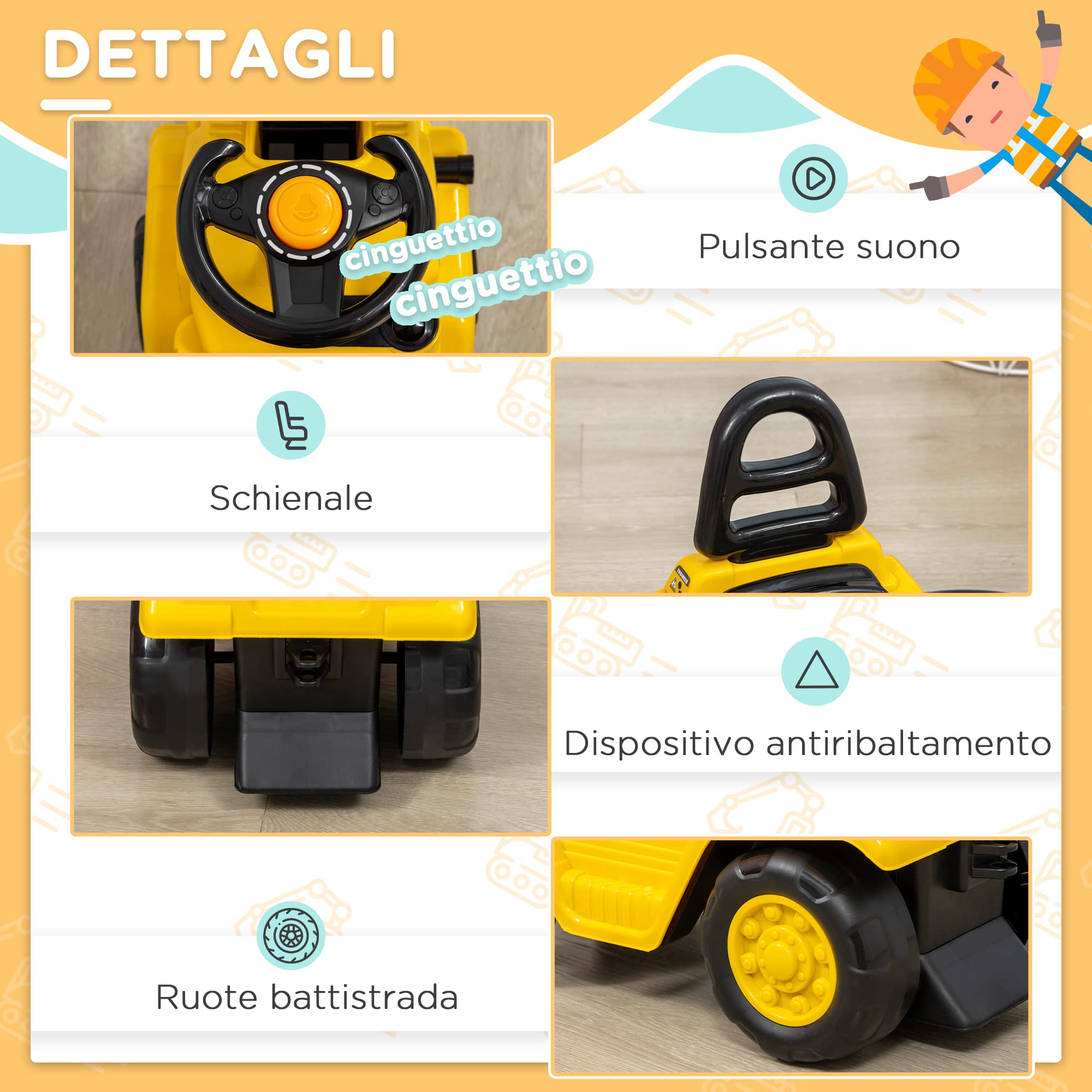 HOMCOM Trattore Cavalcabile per Bambini 3-4 Anni con Muletto, Pulsante per Suoni e Spazio Portaoggetti Nascosto, in PP e ABS, 86x27.5x47.5 cm, Giallo e Nero