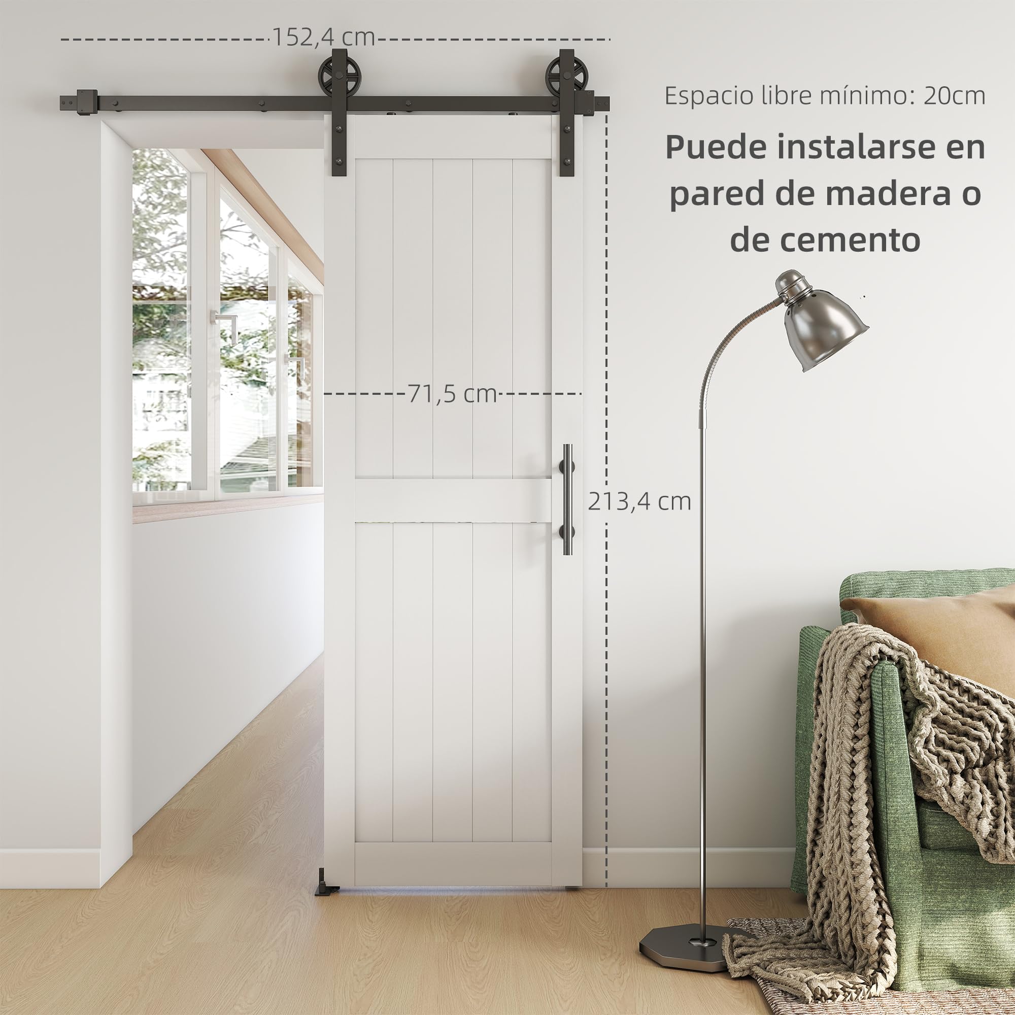 HOMCOM Puerta Corredera de Granero con Herrajes 71,5x213,4 cm Puerta Corredera de Interior con Manija Rodillo y Guía de Suelo Mejorados para Baño Salón Sala de Estar Blanco
