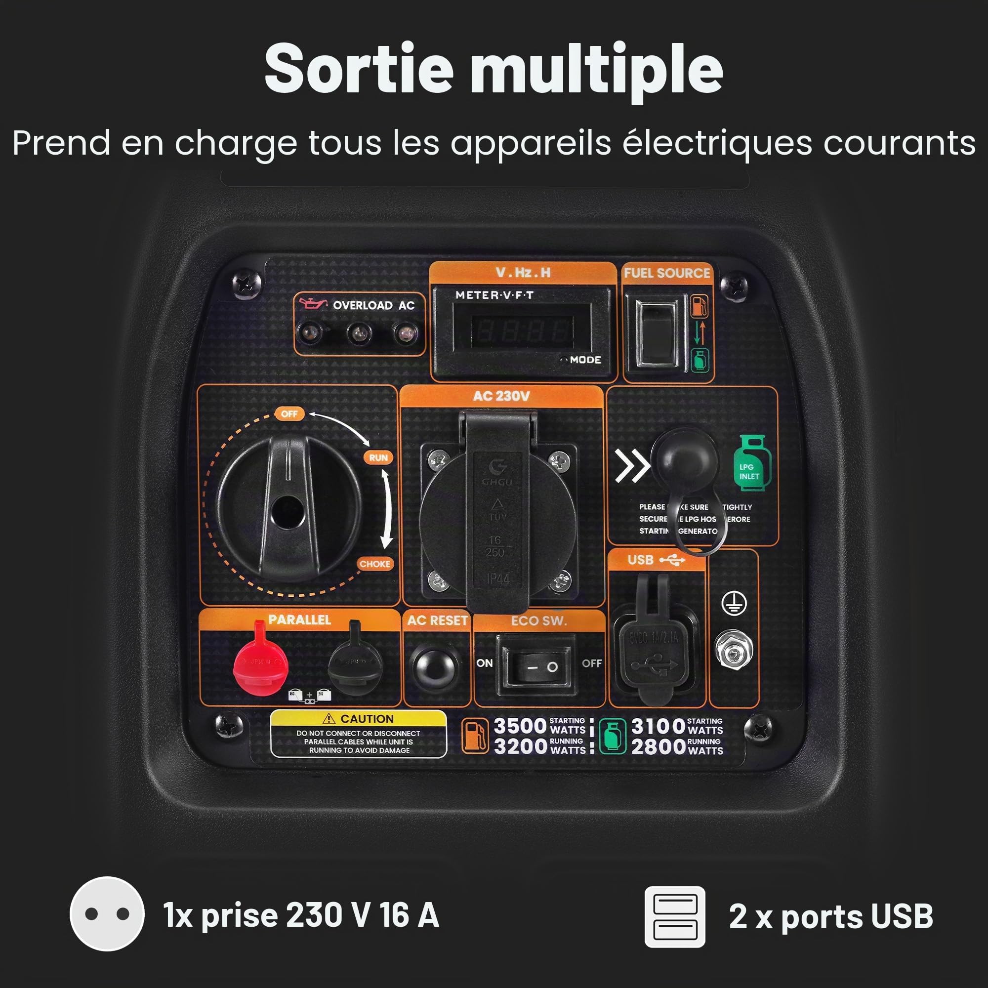 maXpeedingrods Générateur de courant 3500 W LPG/essence Inverter Gaz silencieux Dual Fuel avec prise 230 V/16 A ; 2 ports USB pour camping, garage, voyage, extérieur