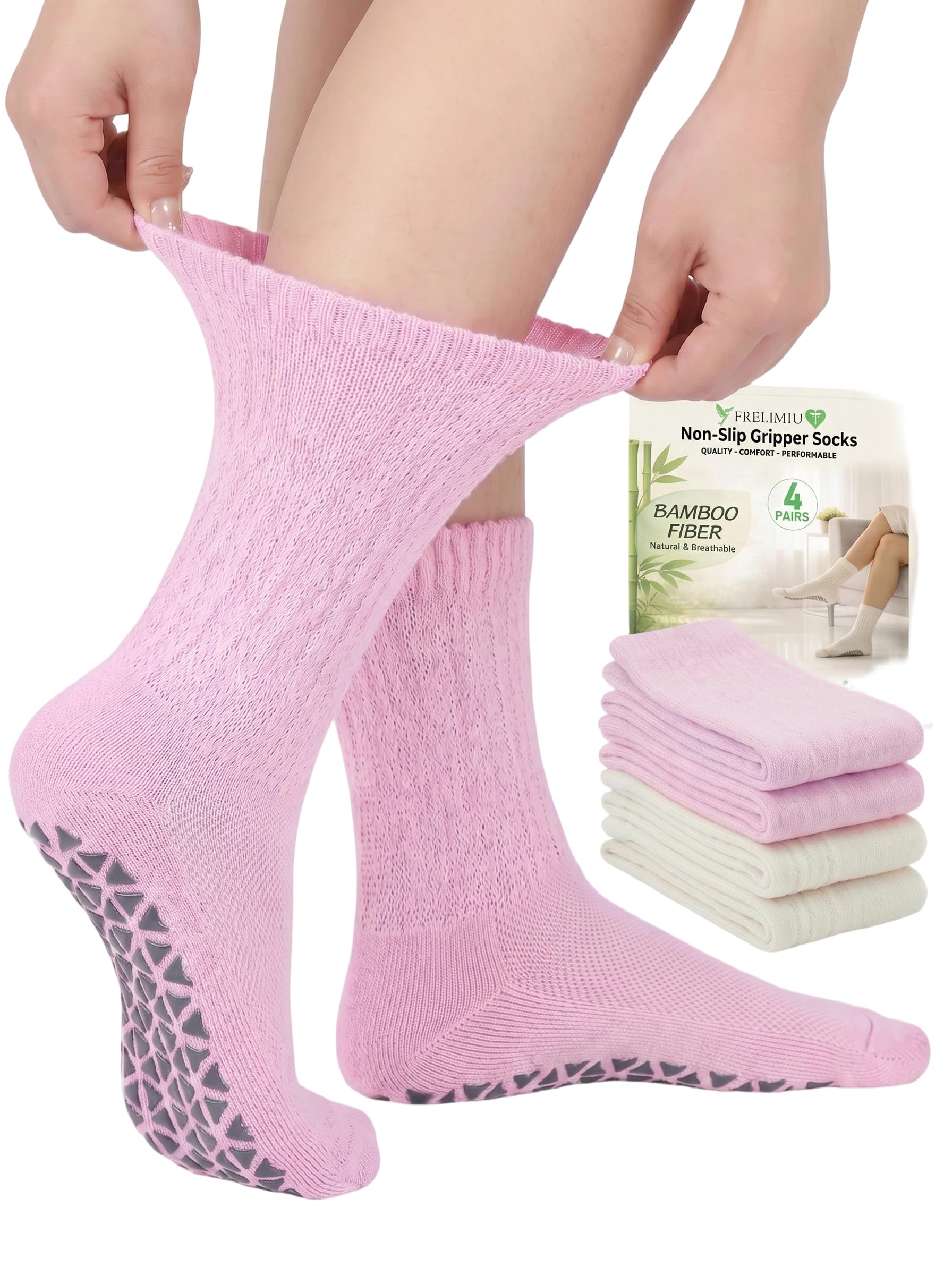 Frelimiu Diabetic Socks with Grippers for Women - 4 Pairs Soft Viscose Blend Hospital Grip Socks, Non-Slip Crew Socks with Non-Binding Loose Fit for Neuropathy Edema Elderly 10-14