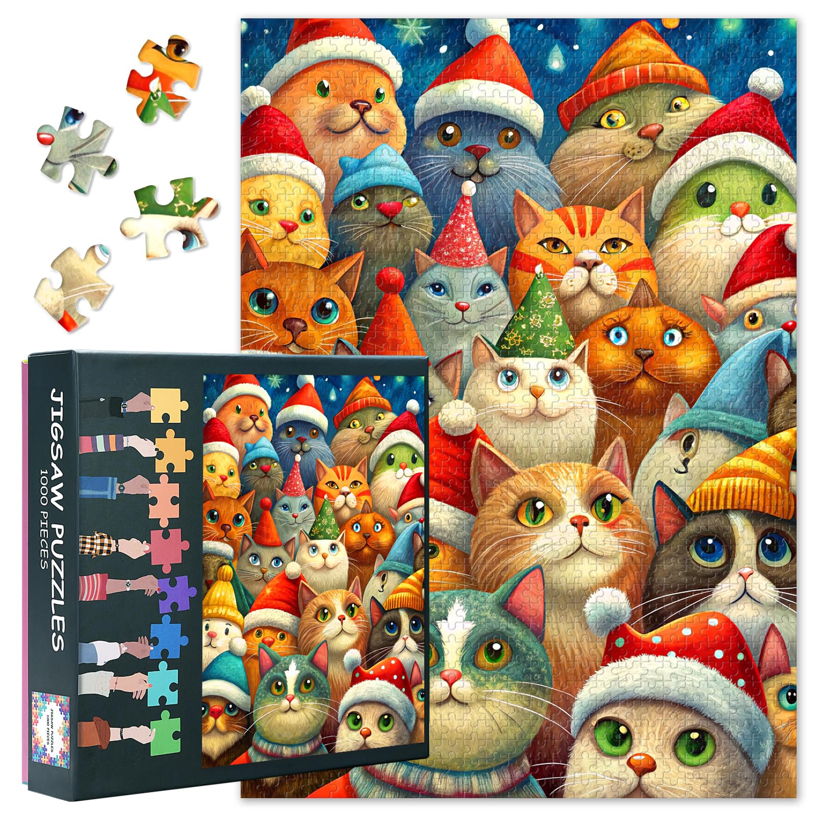 1000-Piece Jigsaw Puzzle for Adults - Christmas Decoration with Santa Claus Cats, Challenging Inspirational Animal Art for Bedroom Decor & Birthday Gifts 50x70cm