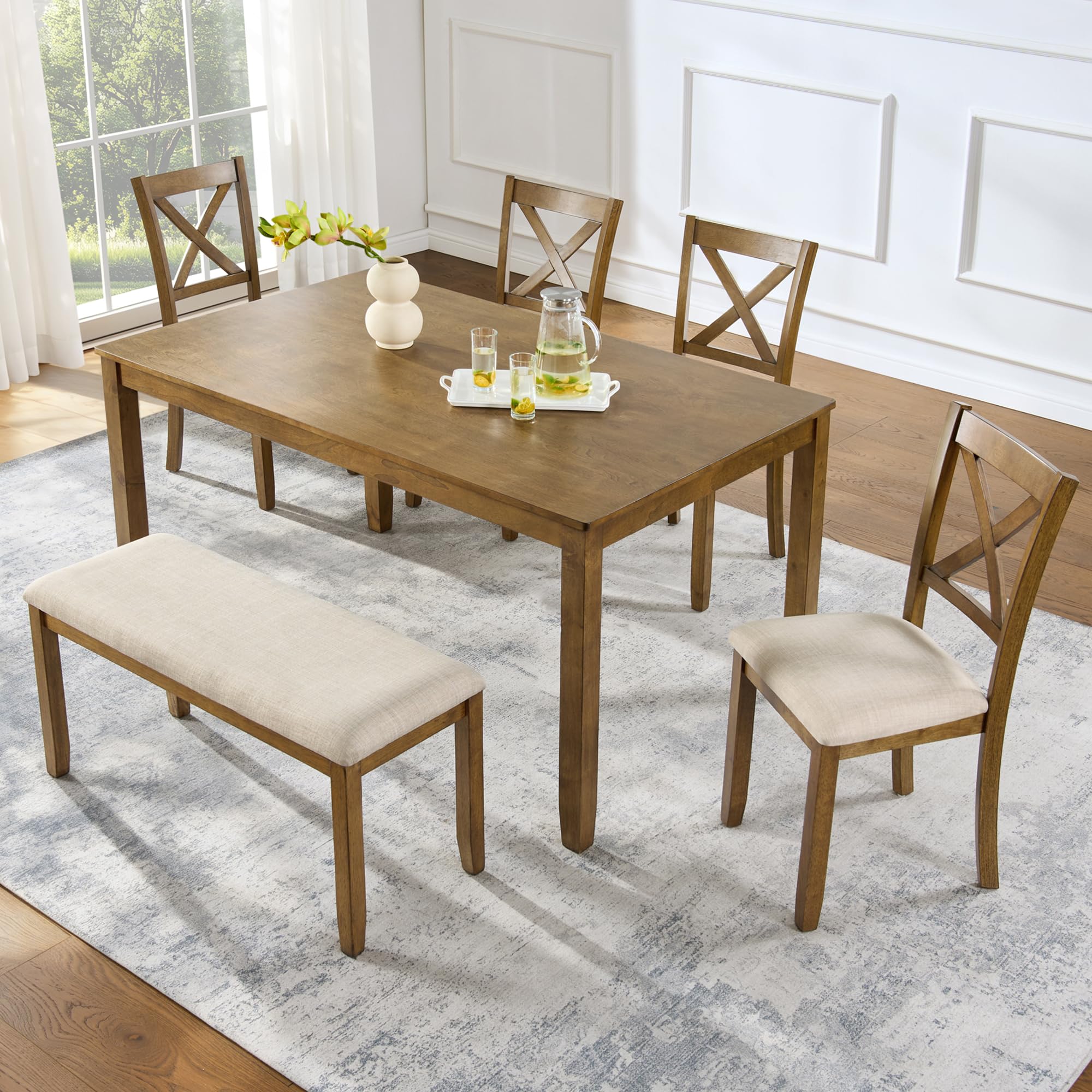 Merax 6-Piece Wood Kitchen Dining Table Set with Bench
