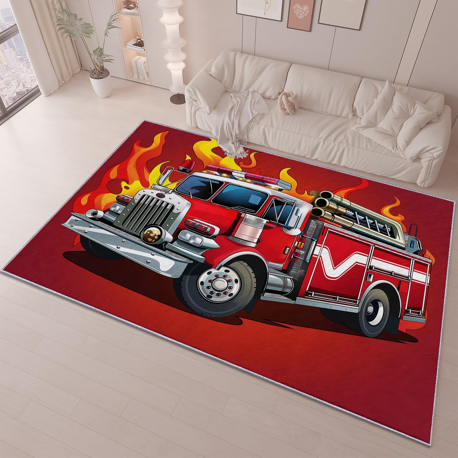 Tapis doux enfant camion de pompiers 60x90 rouge lavable en machine