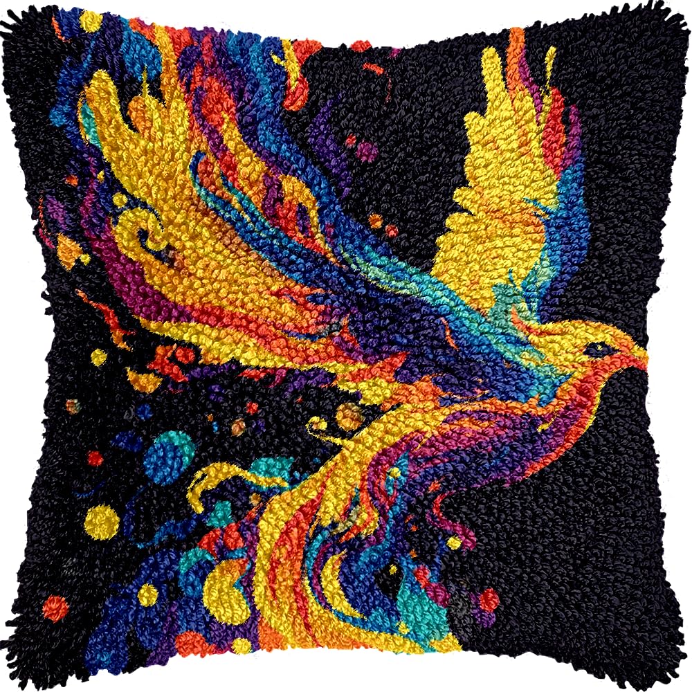 Flying Fire Phenix Colorful Latch Hook Kits Pillow Pre-Printed Cushion Crochet Yarn Needlework DIY Hook Latch Kit Pillowcase Rug Cover Home Sofa Christmas Decoration 43x43cm(4)