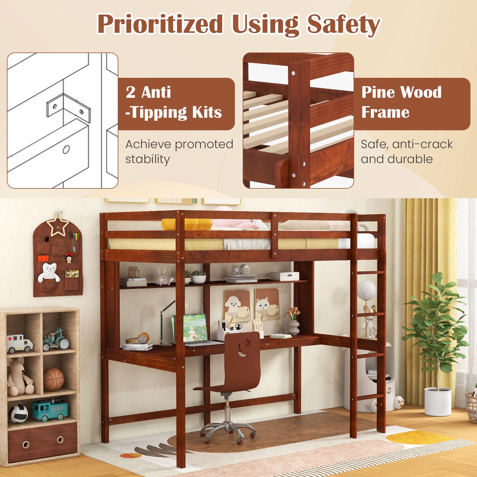 KOMFOTT Twin Loft Bed With Desk - Wooden Loft Bed Frame, 2 Ladders, Safety Guardrail, For Teens & Adults, White