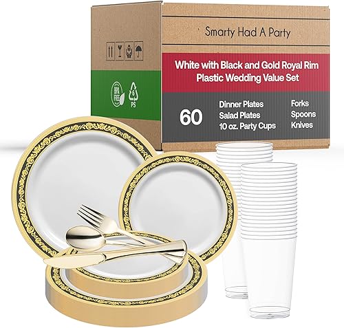 Elegante vajilla de plástico desechable para 60 invitados, color blanco elegante con borde real negro y dorado, platos de ensalada de postre, juego