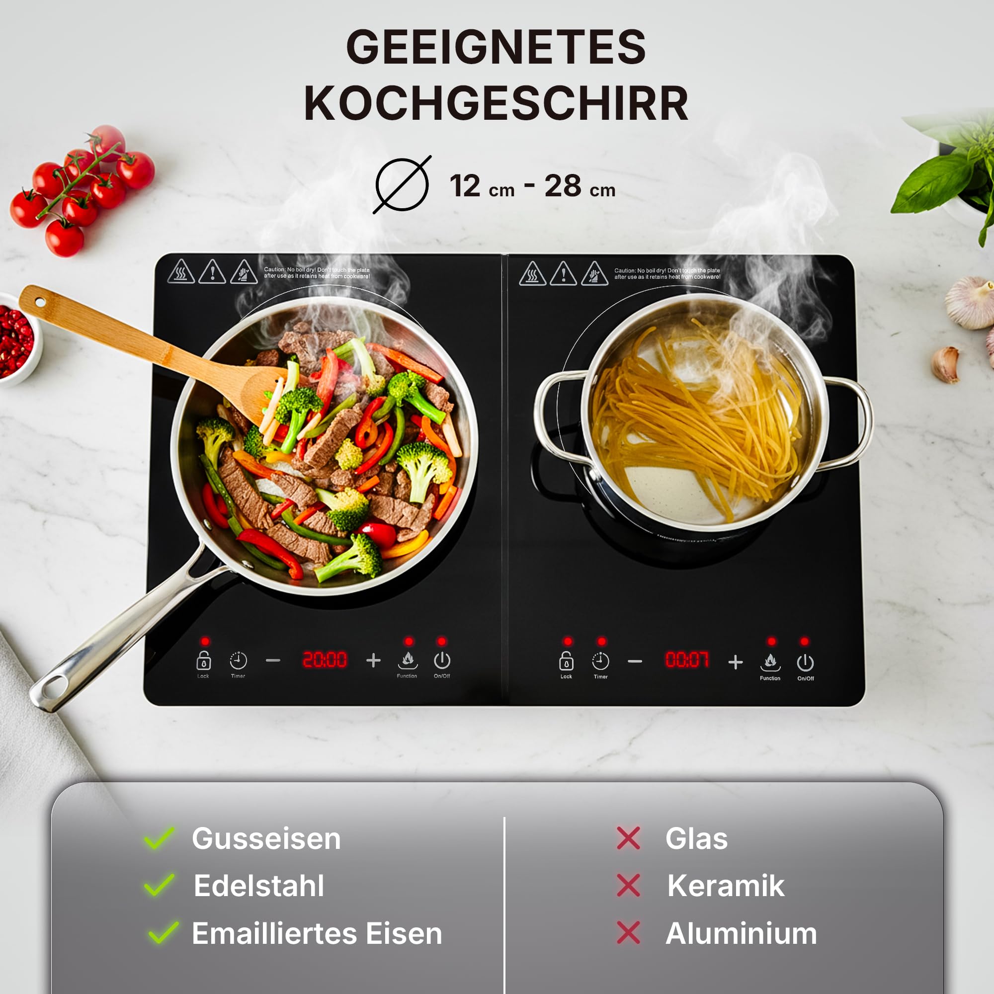Allyson® Doppel Induktionsplatte 3500W – Mobiles Induktionskochfeld 2er Kochplatte Einbaubar & Tragbar, 2 Kochfelder mit Touch-Control, Timer, Kindersicherung & Überhitzungsschutz – Schwarz