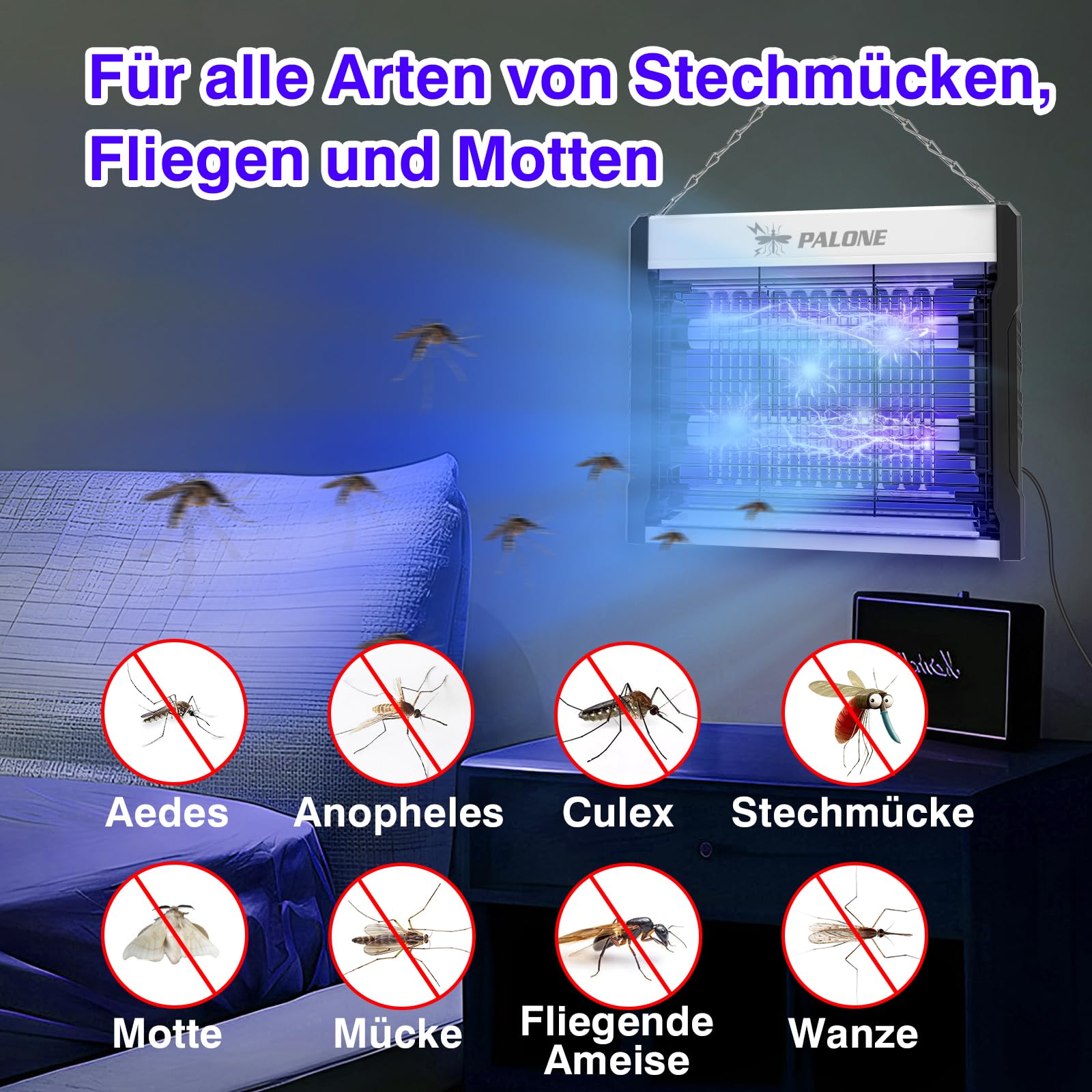PALONE Insektenvernichter Elektrisch 4000V, 2 UV LED Mückenlampe USB C Elektrischer Mückenfalle Hängbar Insektenfalle Ungiftig Geruchsneutral für Innen