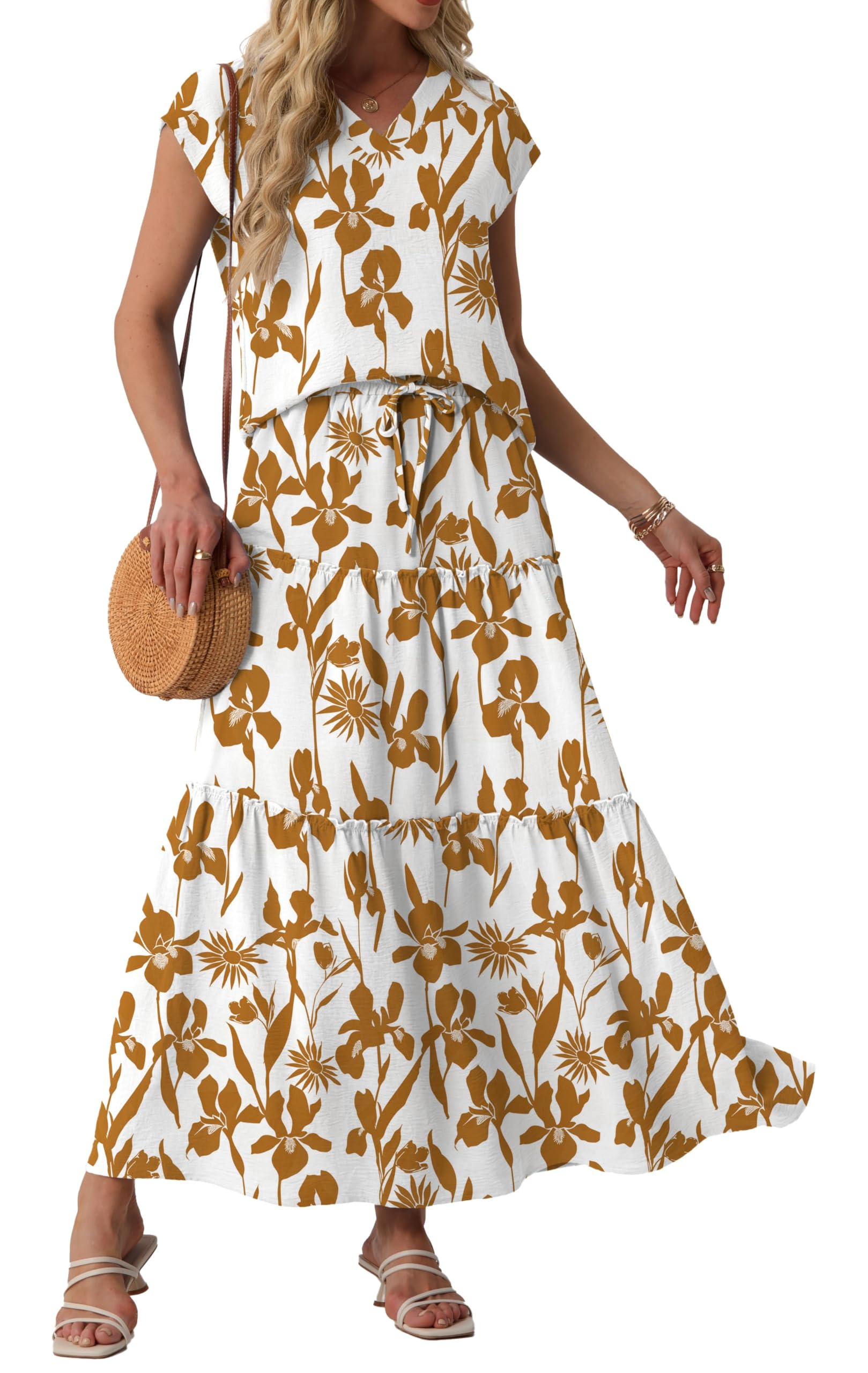 2 Piece Skirt Sets for Women Flowy Maxi Skirts Cap Sleeve Tops Matching Sets Travel Vacation Outfits with Pockets