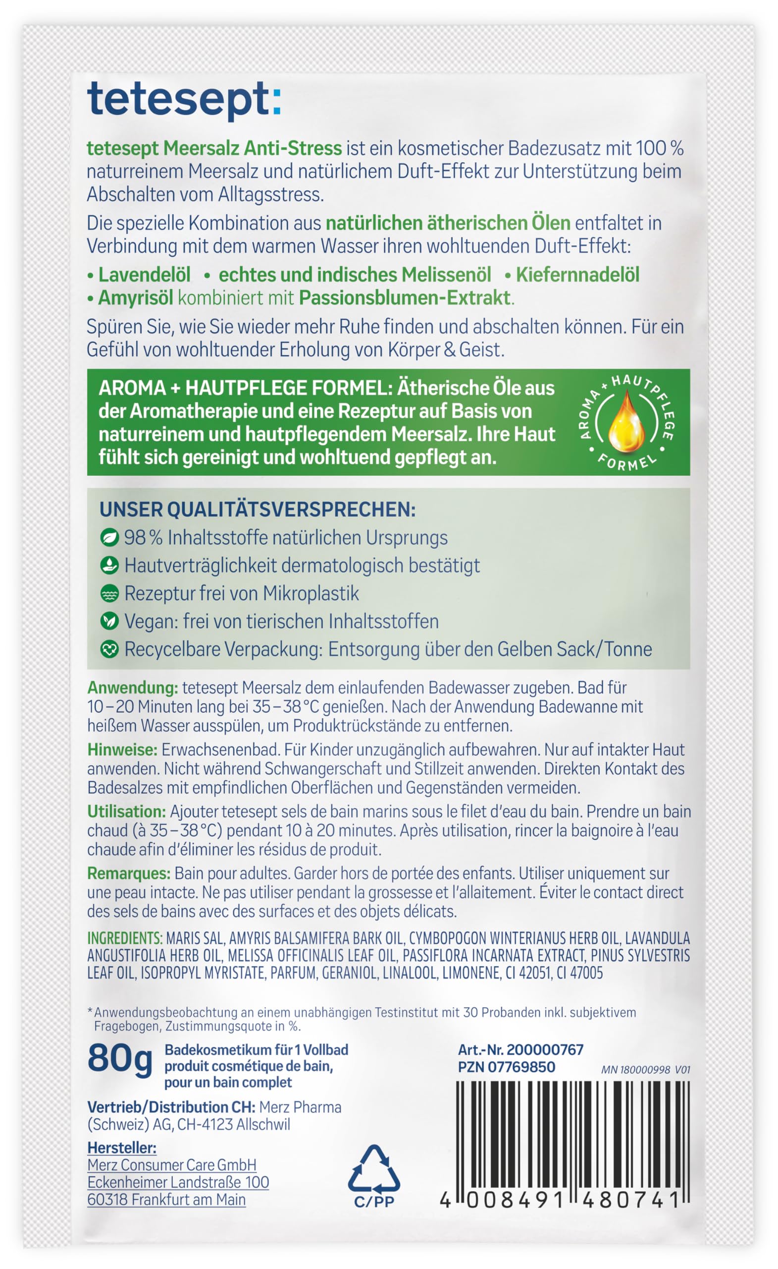 tetesept Sól morska antystresowa – zdrowotna kąpiel dla kojącej równowagi z olejkami eterycznymi – kojący dodatek do kąpieli z naturalną solą morską – 10 x 80 g