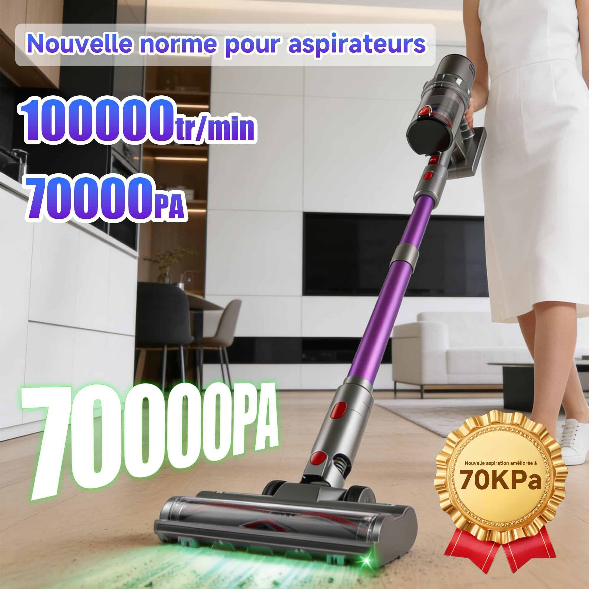 Hearten Aspirateur Balai sans Fil, 70000 Pa/70 Min, Ultra-Silencieux, avec Écran LED, Brosse Anti-Emmêlement en V, Utilisation Simplifiée, Tient Debout, pour Tapis, Sols Durs et Animaux