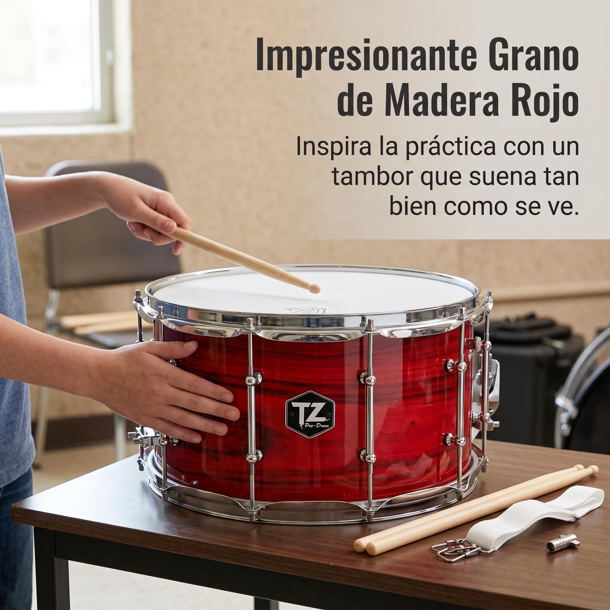 Tambor Caja Arce con Acabado Roja para Percusión, Incluye Baquetas y Llave Tambor