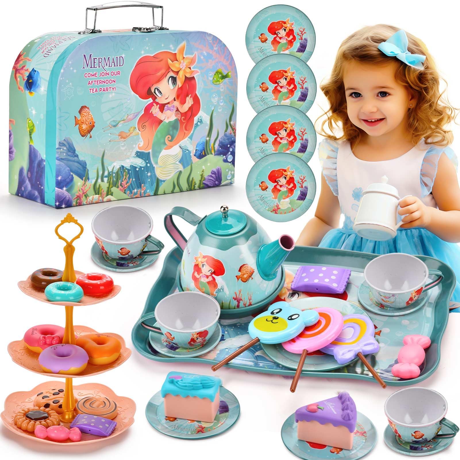 ZEAUBiM Kids Tea Set for Little Girls,Gift for Age 3 4 5 6 Year Old, Toddler Toys Tea Party Set for Little Girls, Princess Kids Kitchen Pretend Toy with Tin Tea Set (Mermaid Teapot)