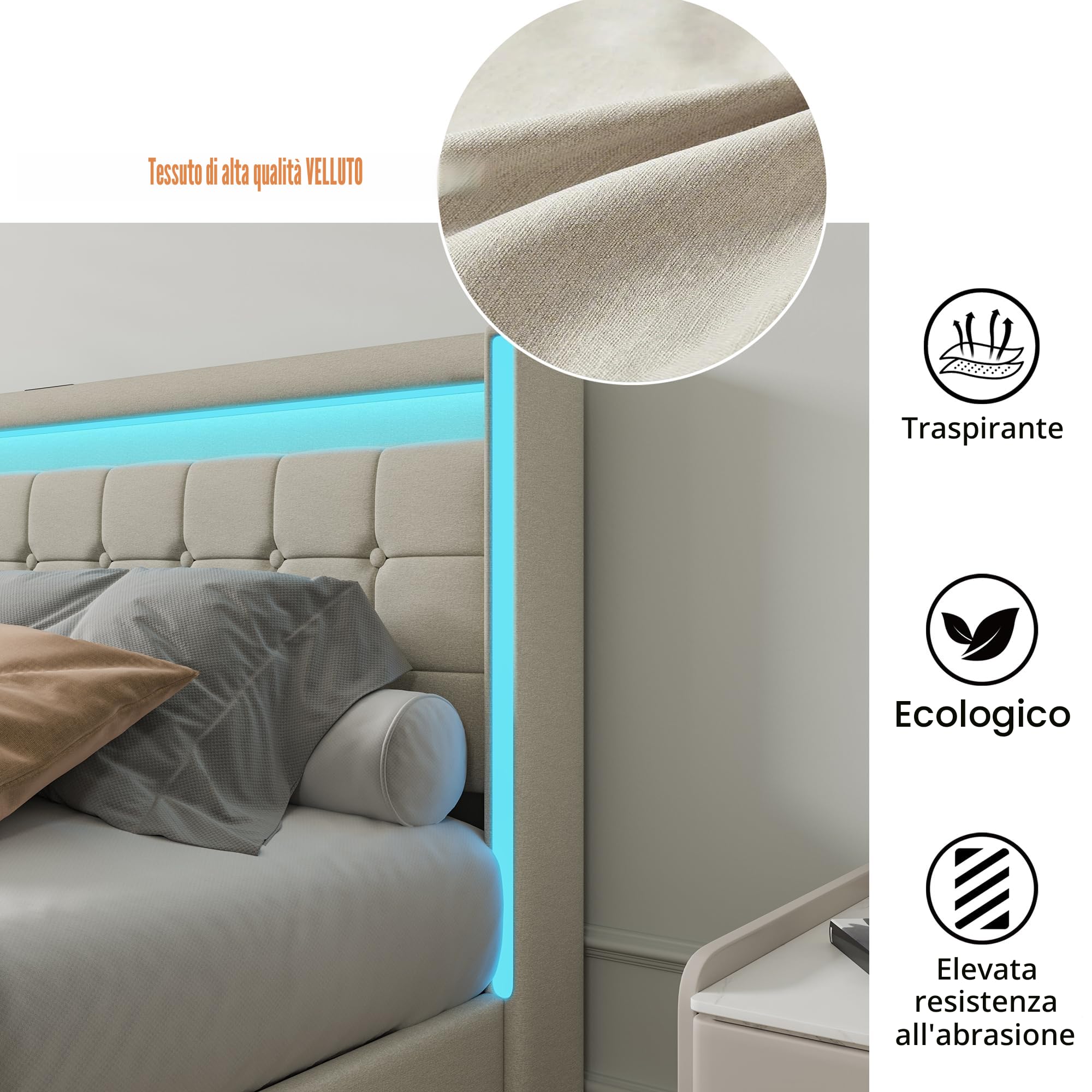KeepGoon Letto matrimoniale 160 x 200 cm, letto imbottito con luci a LED, 4 cassetti in ferro e una porta di ricarica USB, telaio letto, tessuto di lino (beige)