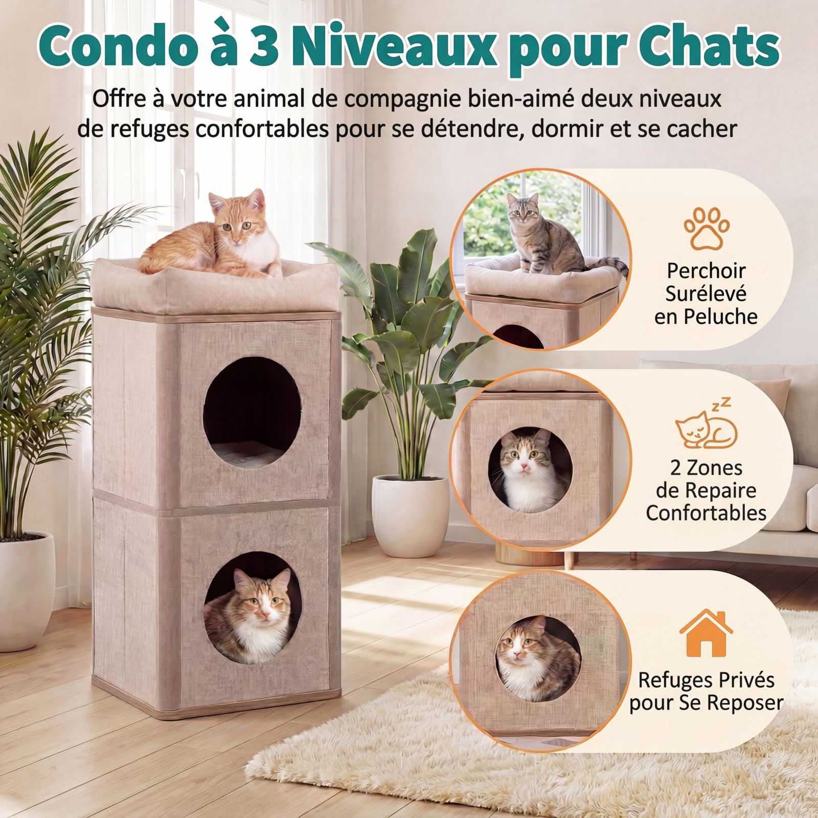 GOPLUS Tonneau à Gratter pour Chat 3 Niveaux 71CM, Surface Peluche (Beige)