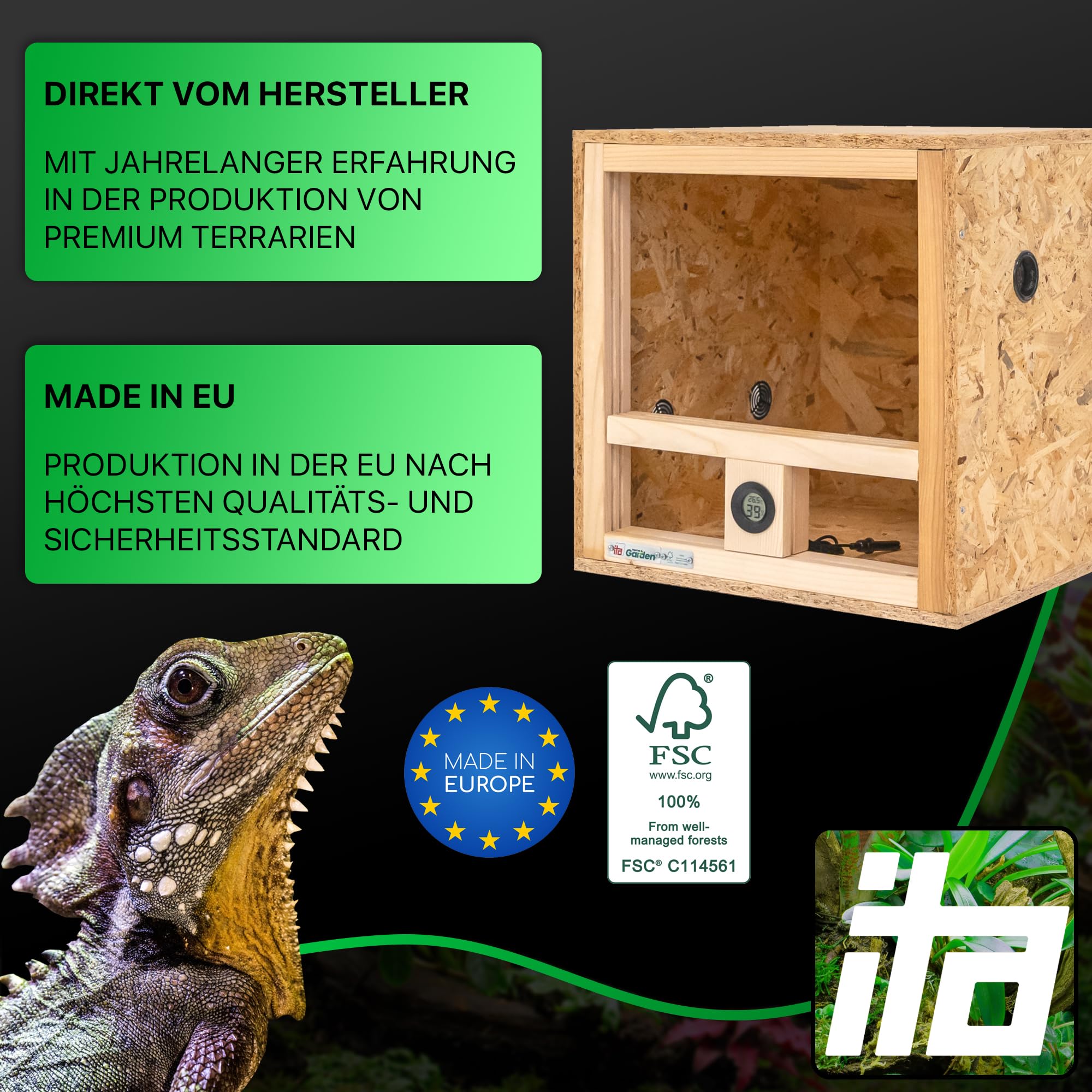 ITA Mini Terrarium 40x40x40 cm mit Seitenbelüftung & Integriertem Hygrometer - Holzterrarium aus OSB-3 Platten - Terrarien für Reptilien, Schlangen, Amphibien - EU Produkt, FSC Zertifiziert