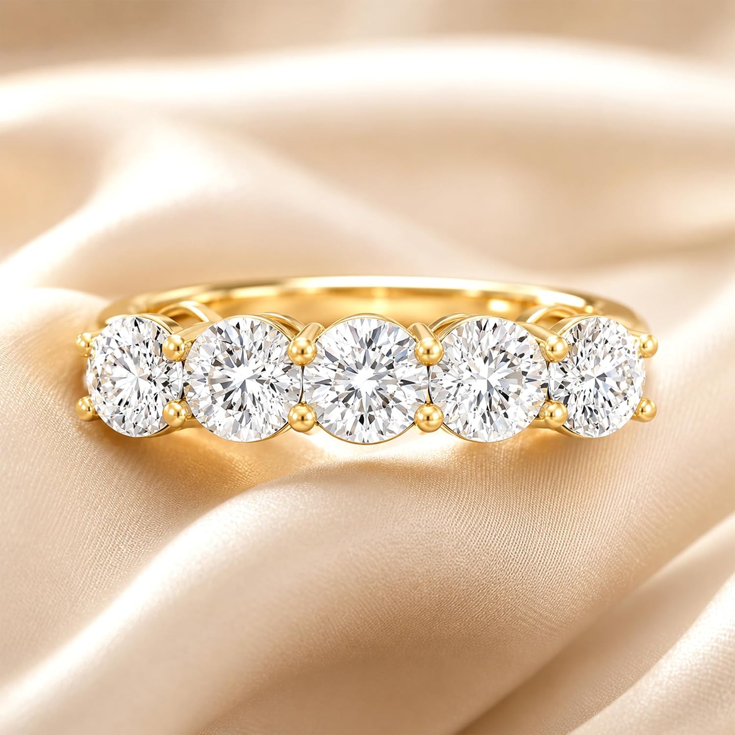 1/2 Carat - 5 Carat Lab Grown Diamond Five Stone Ring | 14K Solid White or Yellow Gold Wedding Anniversary Band Ring | D-E Color and VS clarity