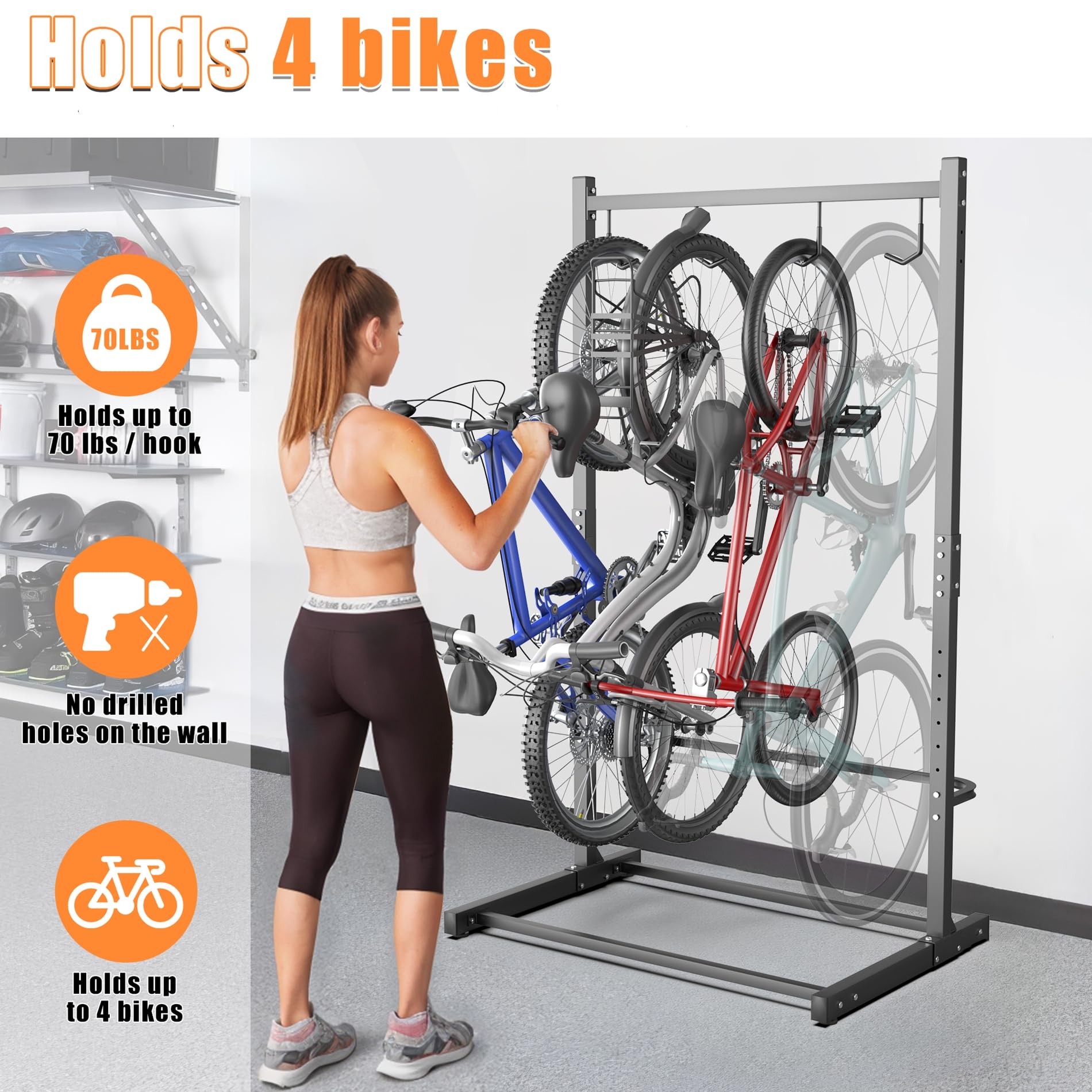 TORACK Garage Freestanding Hanging Bike Stand for Garage, Heavy Duty 4 Bikes Vertical Bike Storage Stand Floor Bike Storage Rack