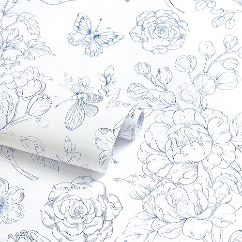 CiCiwind Floral Peel and Stick Wallpaper Blue and White Contact Paper Boho Modern Self Adhesive Removable Wall Paper for Bathroom Bedroom Cabinets Flower Butterfly Papel Tapiz para Pared 17.3"×78.7"