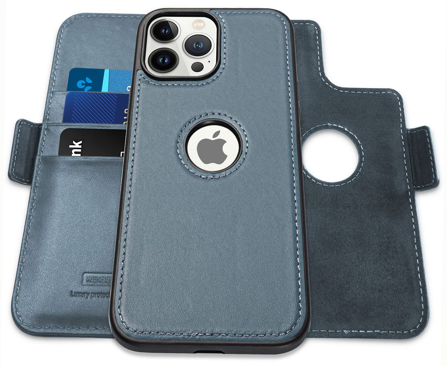 WenBellefor iPhone 14 Pro Max(6.7 inch), 2-in-1 Magnetic Detachable TPU Shockproof Genuine Leather Wallet Case,RFID Blocking Protection,Viewing Stand and Card Slots Flip Cases (Gray)