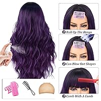 Vista 3 de Peluca morada con flequillo, pelucas negras y moradas para mujer, peluca larga rizada ondulada con raíces oscuras, resistente al calor, pelucas
