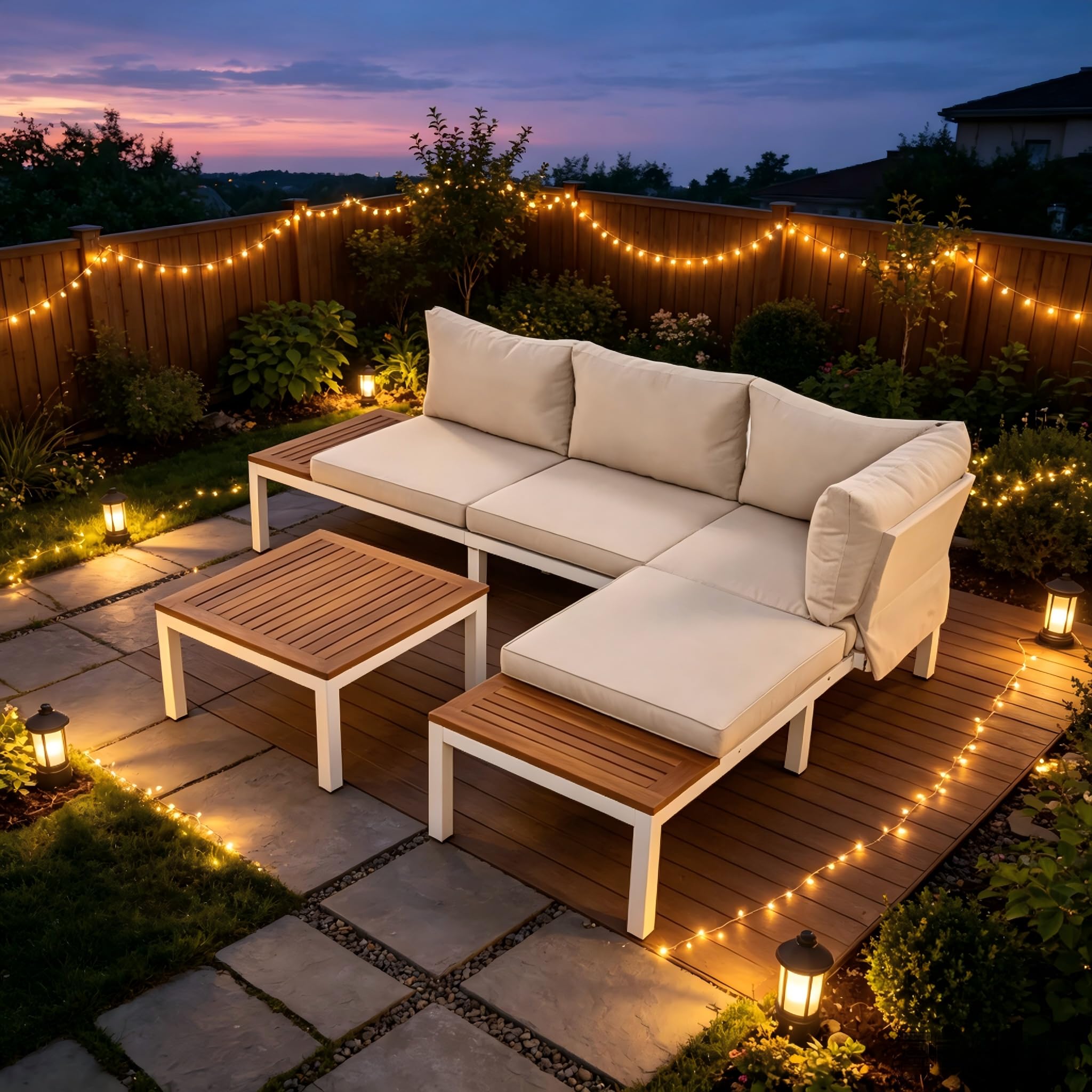 Set da giardino resistente alle intemperie con telaio in acciaio zincato (2 divani a 2 posti, 2 tavolini e 1 tavolino), piano in legno di acacia, il rivestimento in tessuto può coprire