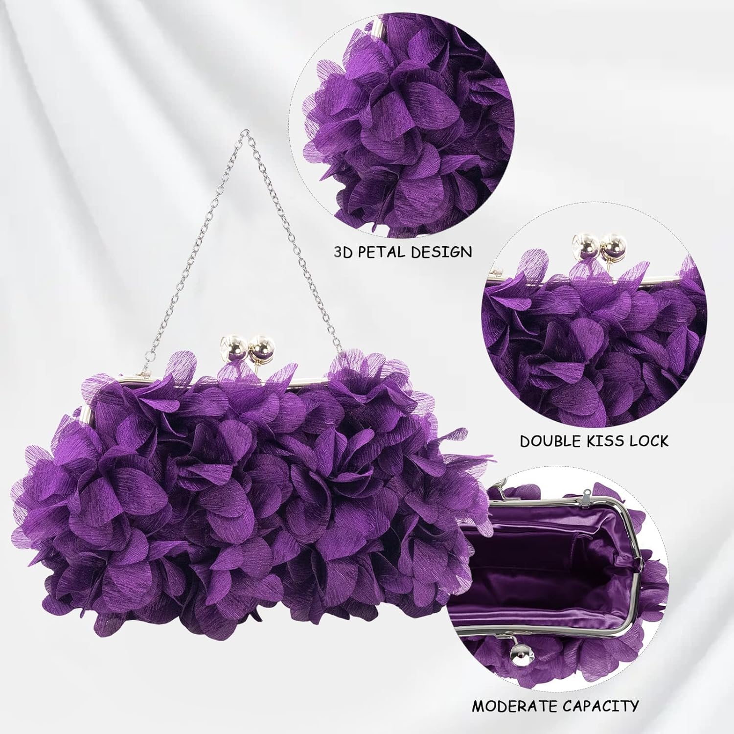 Women Elegant Evening Purse, Small Floral Clutch Bag with Detachable Chain for Wedding, Party, Prom - Image 6